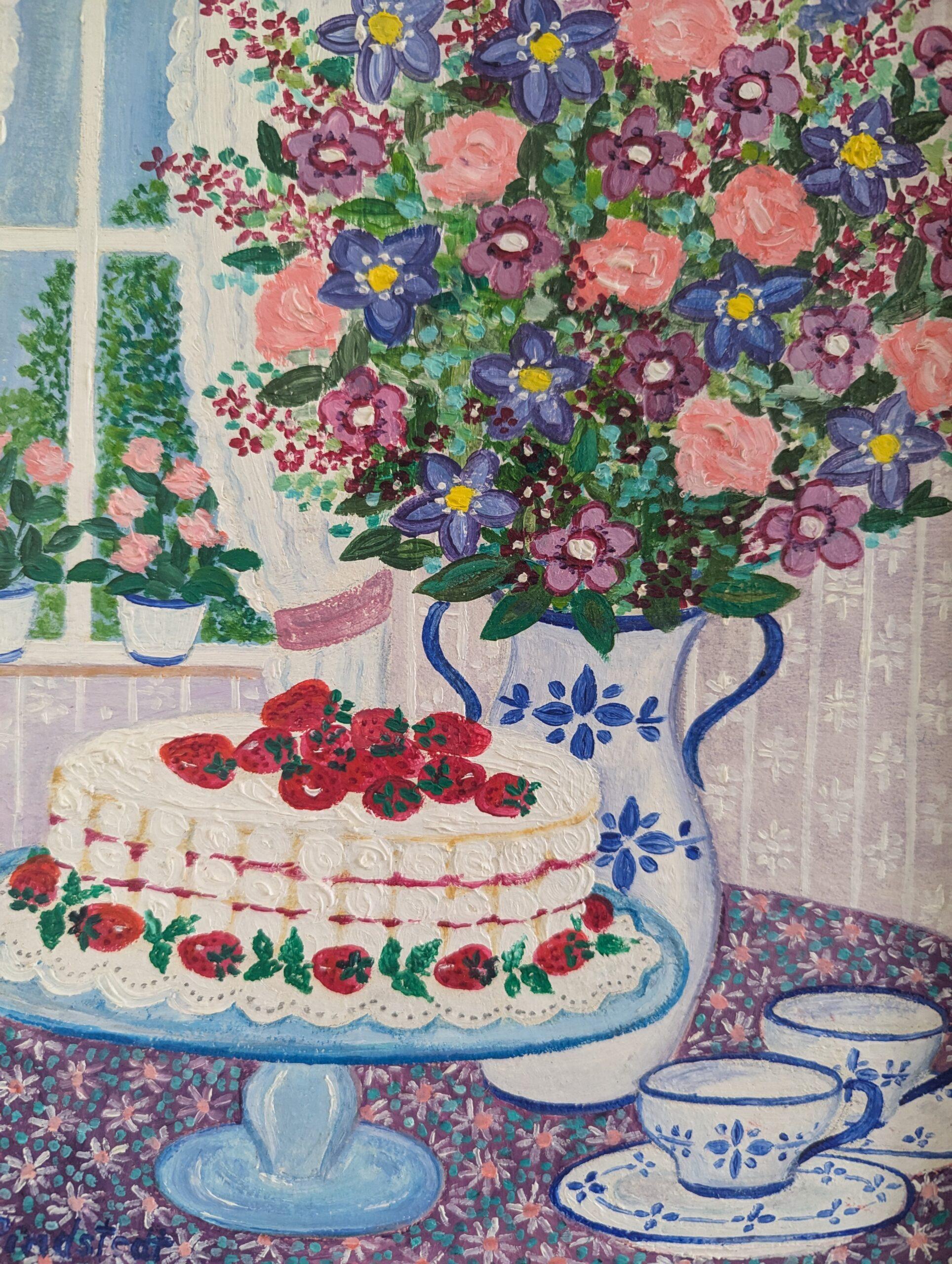 1991 Vintage Original Swedish Mini Still Life Oil Painting - Cake & Blooms For Sale 5