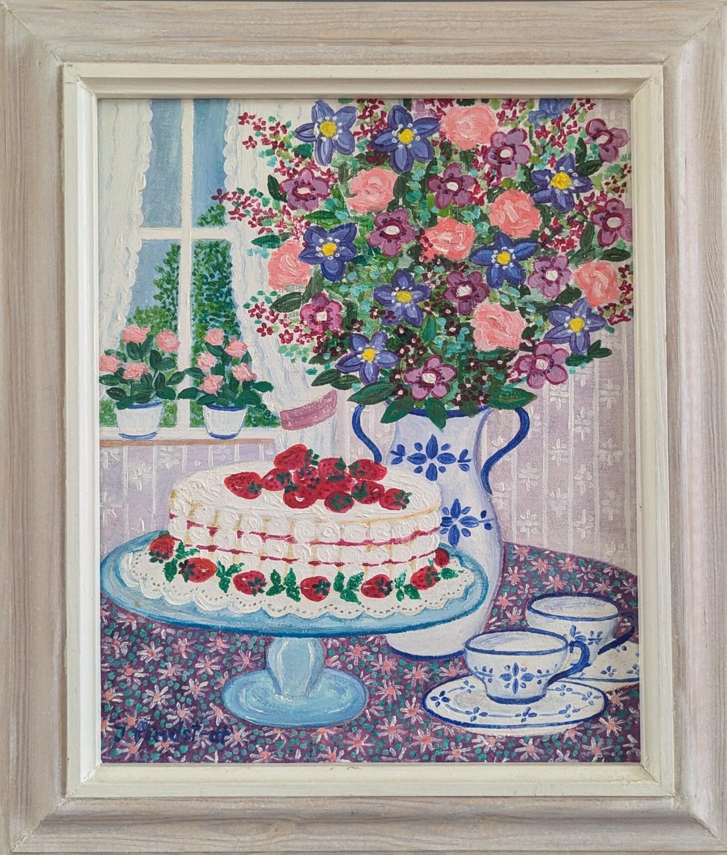 Unknown Still-Life Painting - 1991 Vintage Original Swedish Mini Still Life Oil Painting - Cake & Blooms
