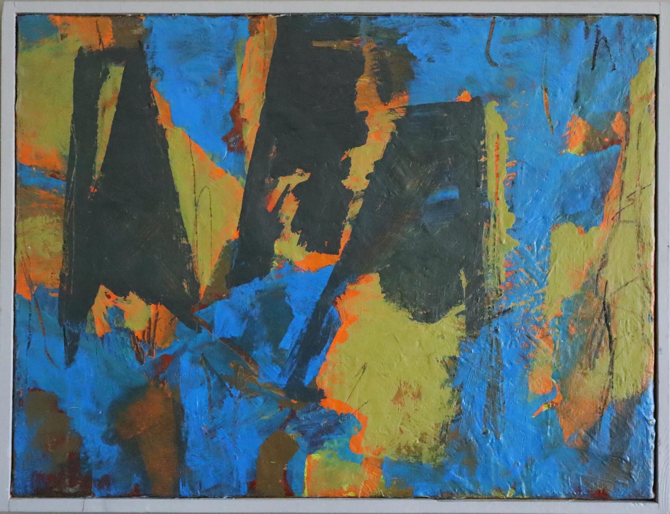 Abstract Painting Unknown - 1992 Peinture à l'huile moderniste suédoise d'expressionnisme abstrait - Cobalt Collision
