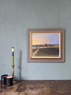 1992 Vintage Modernist Swedish Landscape Oil Painting - Sunset Fields, Framed