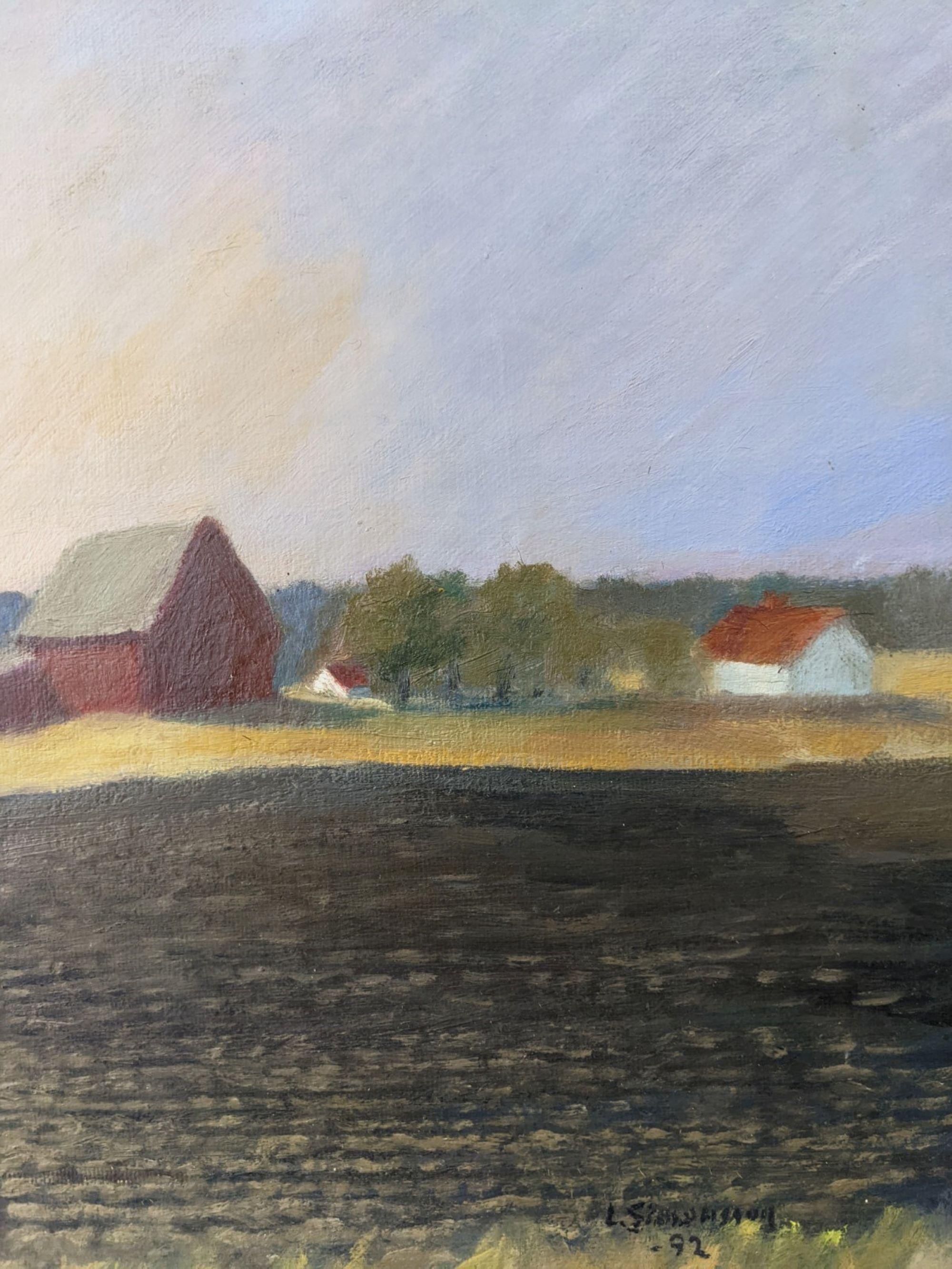 1992 Vintage Modernist Swedish Landscape Oil Painting - Sunset Fields, Framed For Sale 1