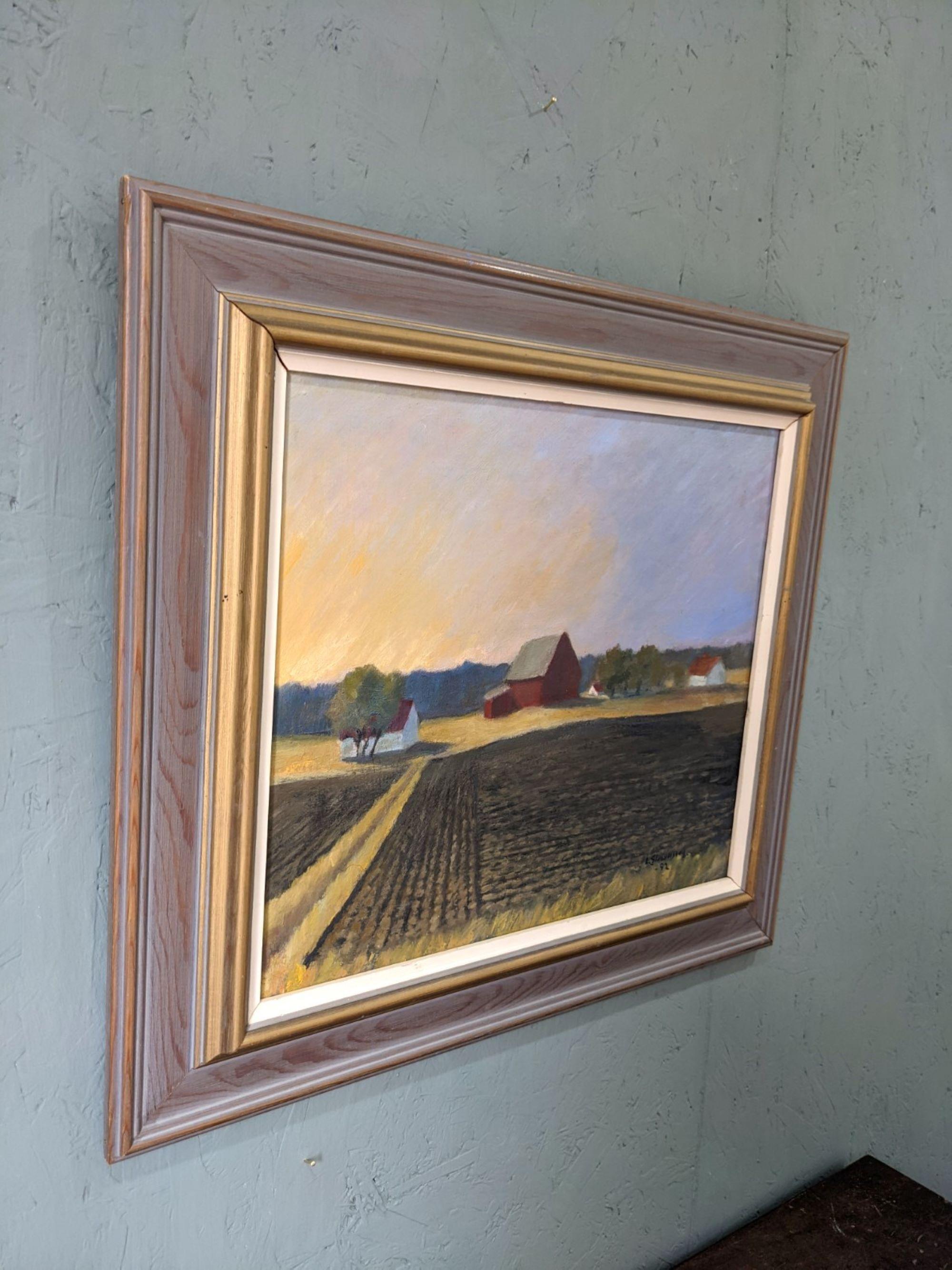 1992 Vintage Modernist Swedish Landscape Oil Painting - Sunset Fields, Framed For Sale 2