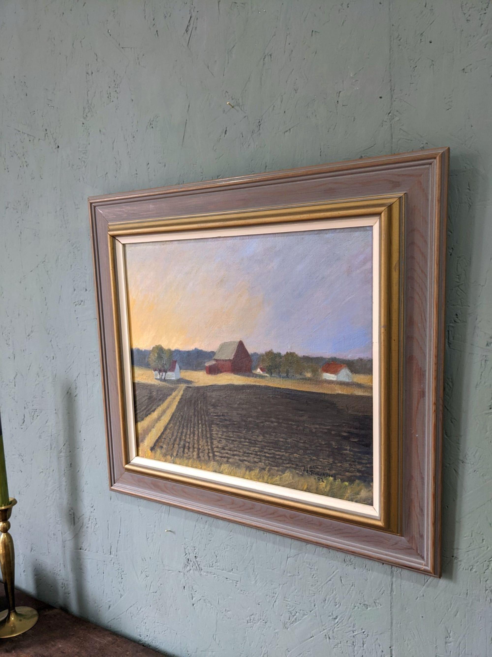 1992 Vintage Modernist Swedish Landscape Oil Painting - Sunset Fields, Framed For Sale 3
