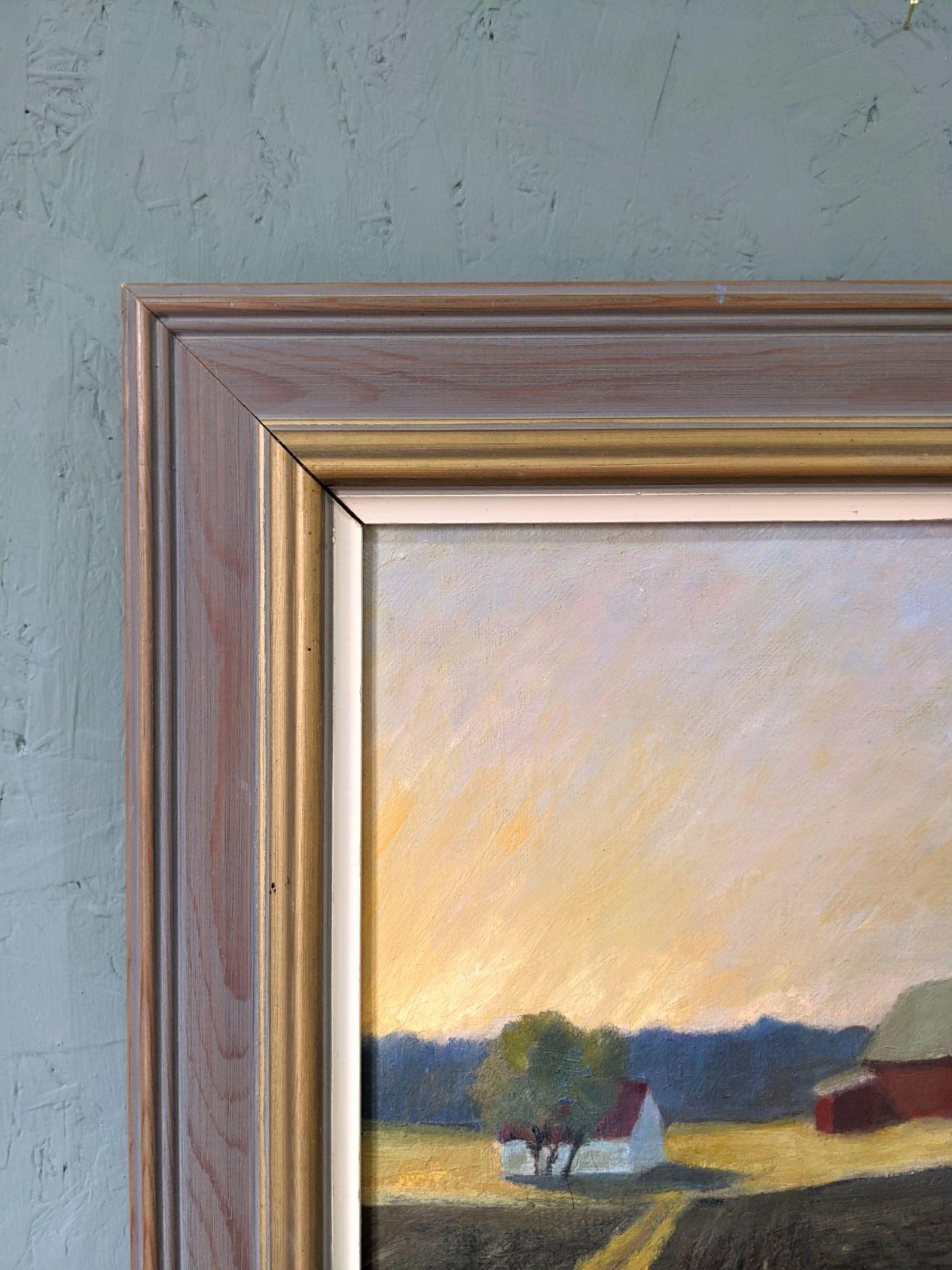 1992 Vintage Modernist Swedish Landscape Oil Painting - Sunset Fields, Framed For Sale 4