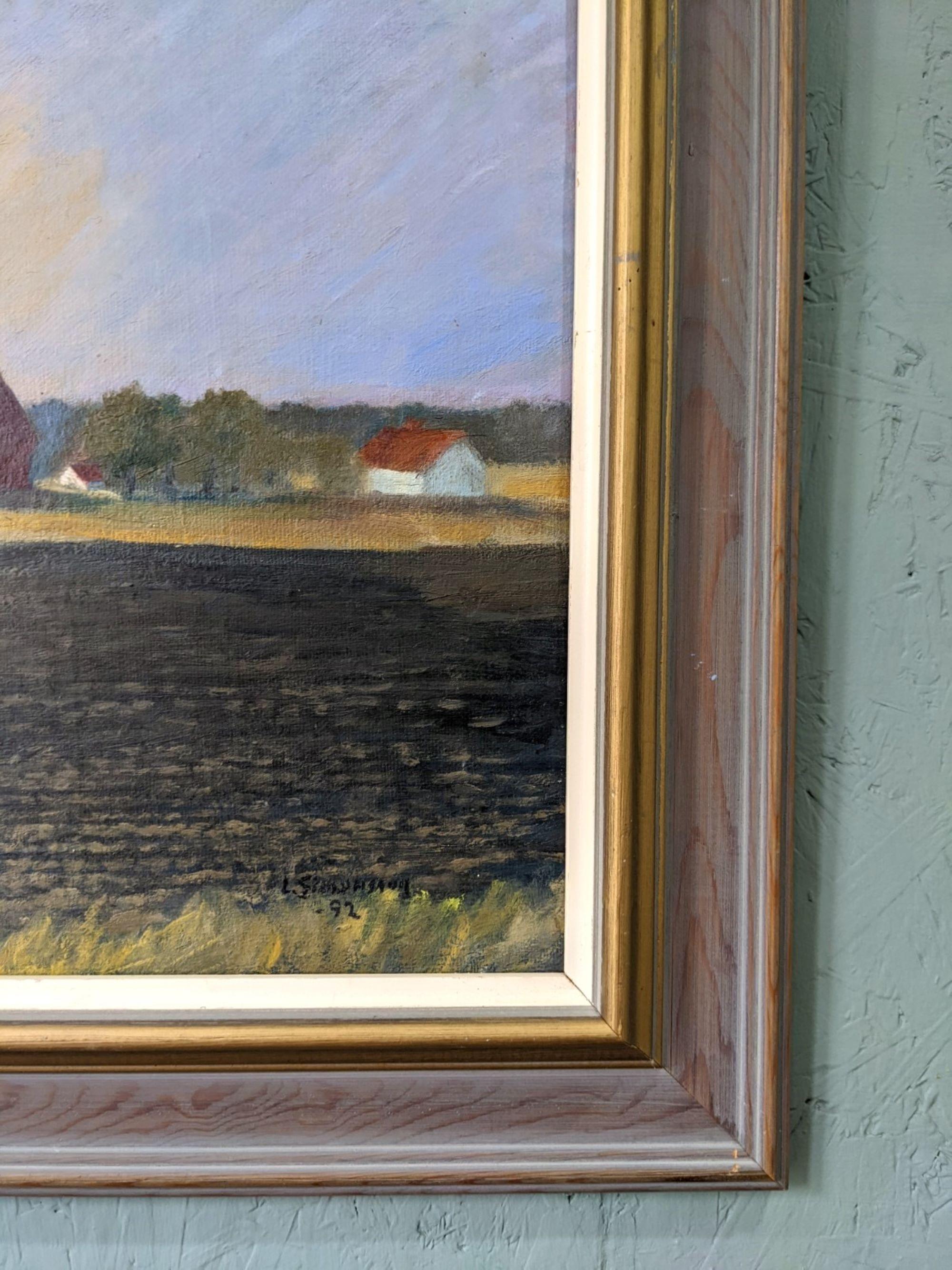 1992 Vintage Modernist Swedish Landscape Oil Painting - Sunset Fields, Framed For Sale 5