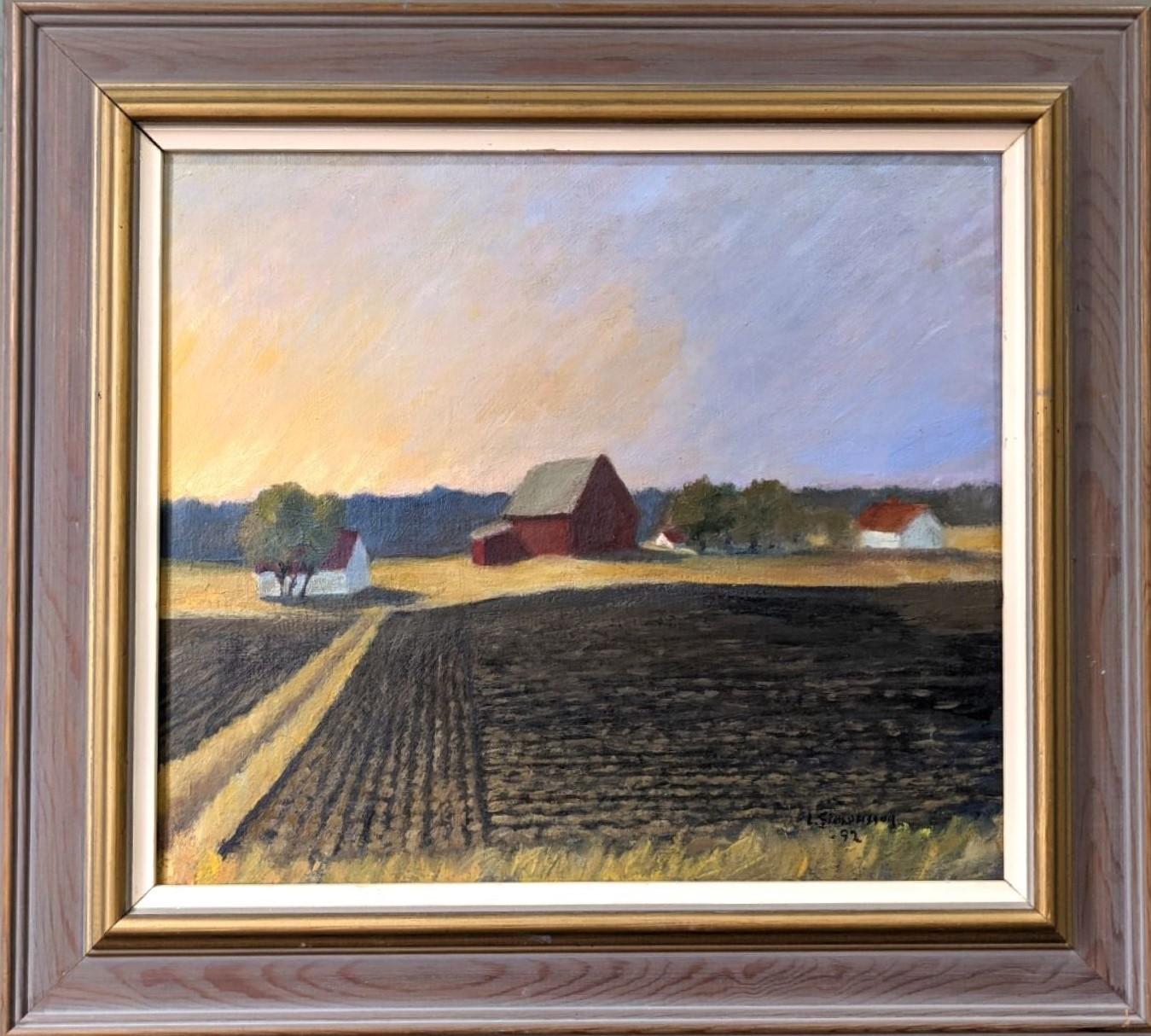 1992 Vintage Modernist Swedish Landscape Oil Painting - Sunset Fields, Framed