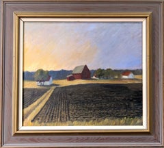 1992 Vintage Modernist Swedish Landscape Oil Painting - Sunset Fields, Framed