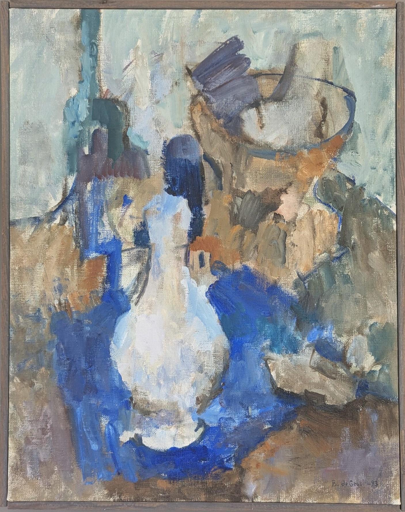 Still-Life Painting di Unknown - 1993 Pittura ad olio originale modernista d'epoca con cornice - Natura morta espressionista