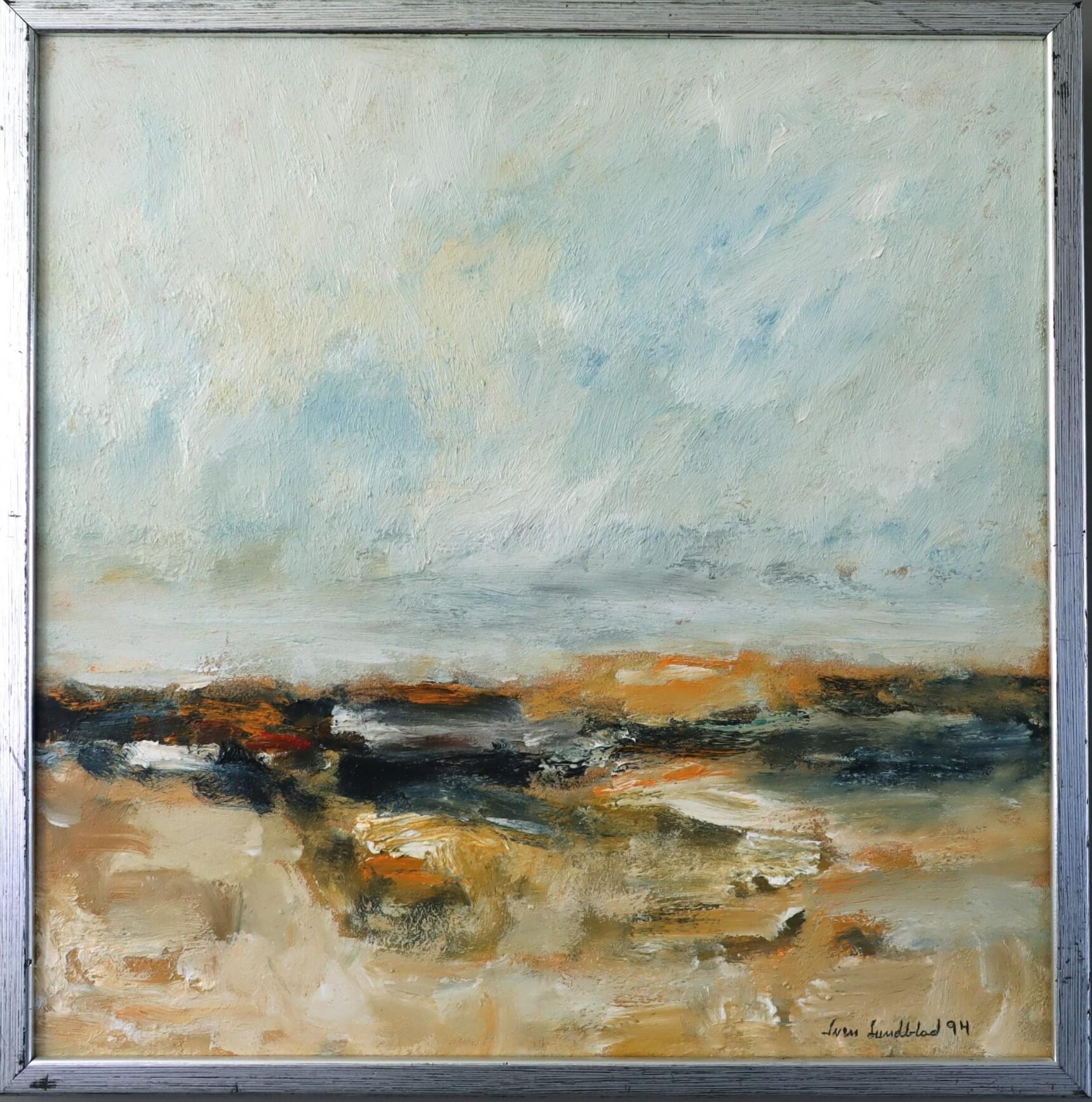 Unknown Abstract Painting – 1994 Modernistische Abstrakte Ausdrucksvolle Landschaft Ölgemälde - Golden Drift