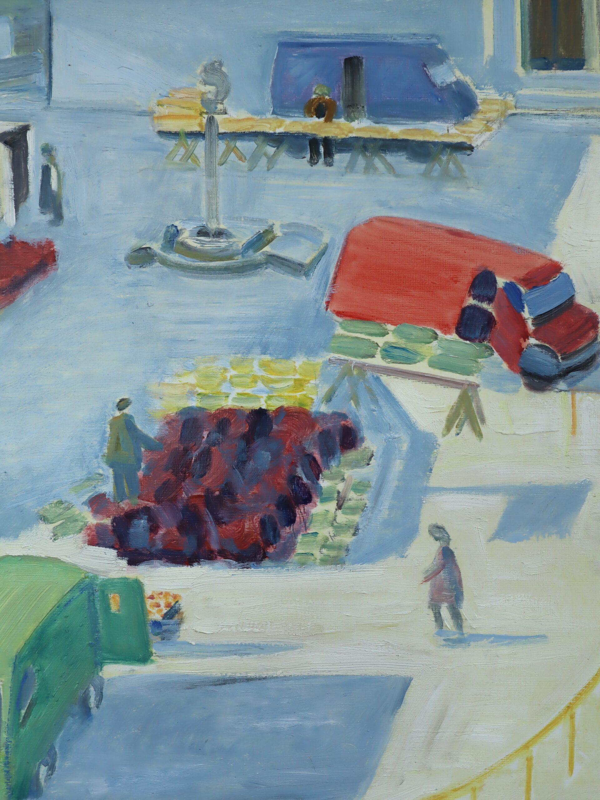 1994 Modernist Swedish Street Scene Landscape Oil Painting - The Bustling Market (Le marché animé) en vente 7