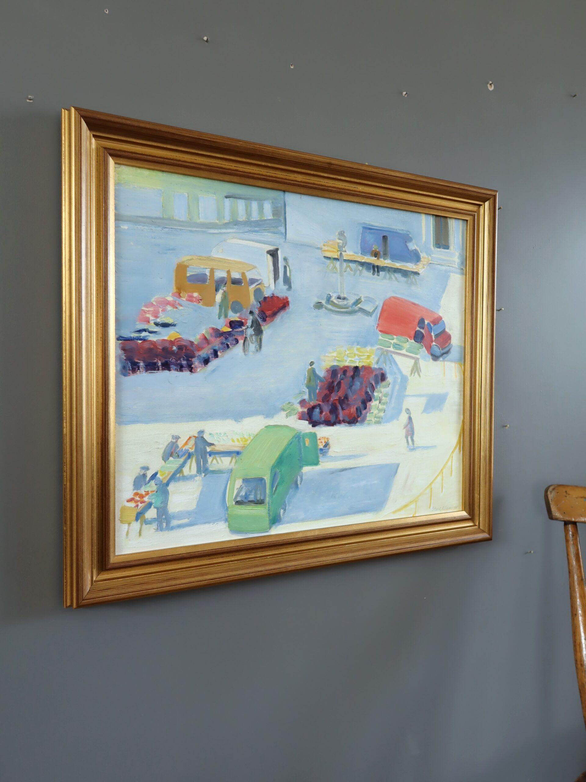 1994 Modernist Swedish Street Scene Landscape Oil Painting - The Bustling Market (Le marché animé) en vente 1