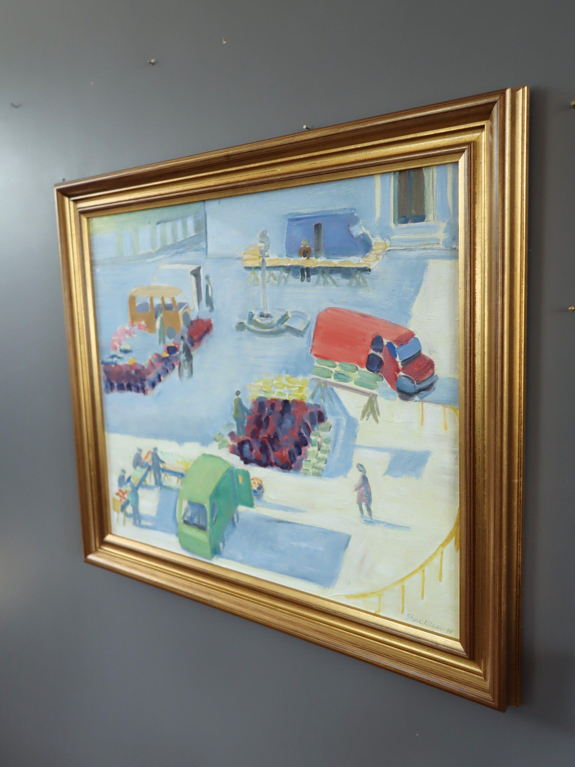1994 Modernist Swedish Street Scene Landscape Oil Painting - The Bustling Market (Le marché animé) en vente 2