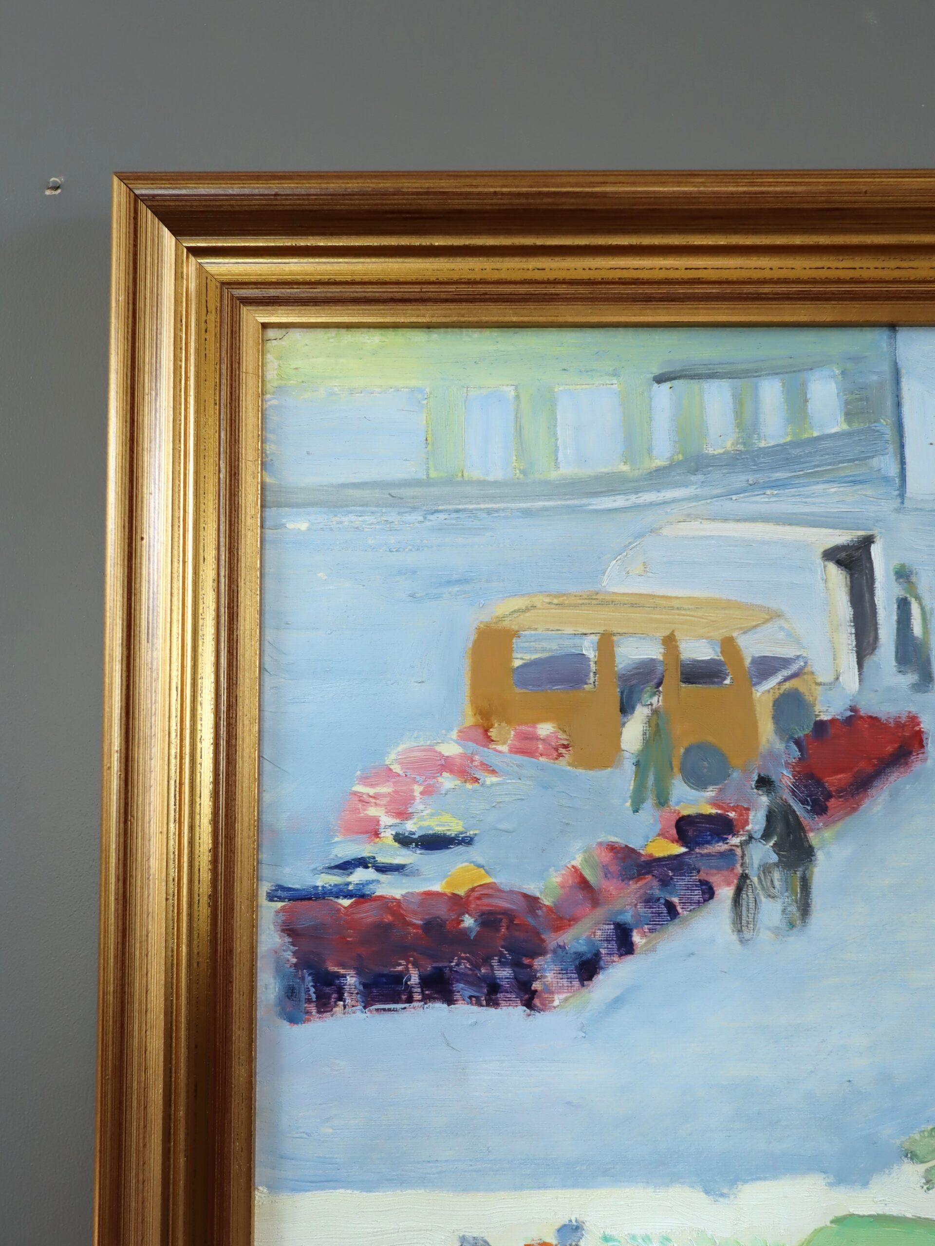 1994 Modernist Swedish Street Scene Landscape Oil Painting - The Bustling Market (Le marché animé) en vente 3