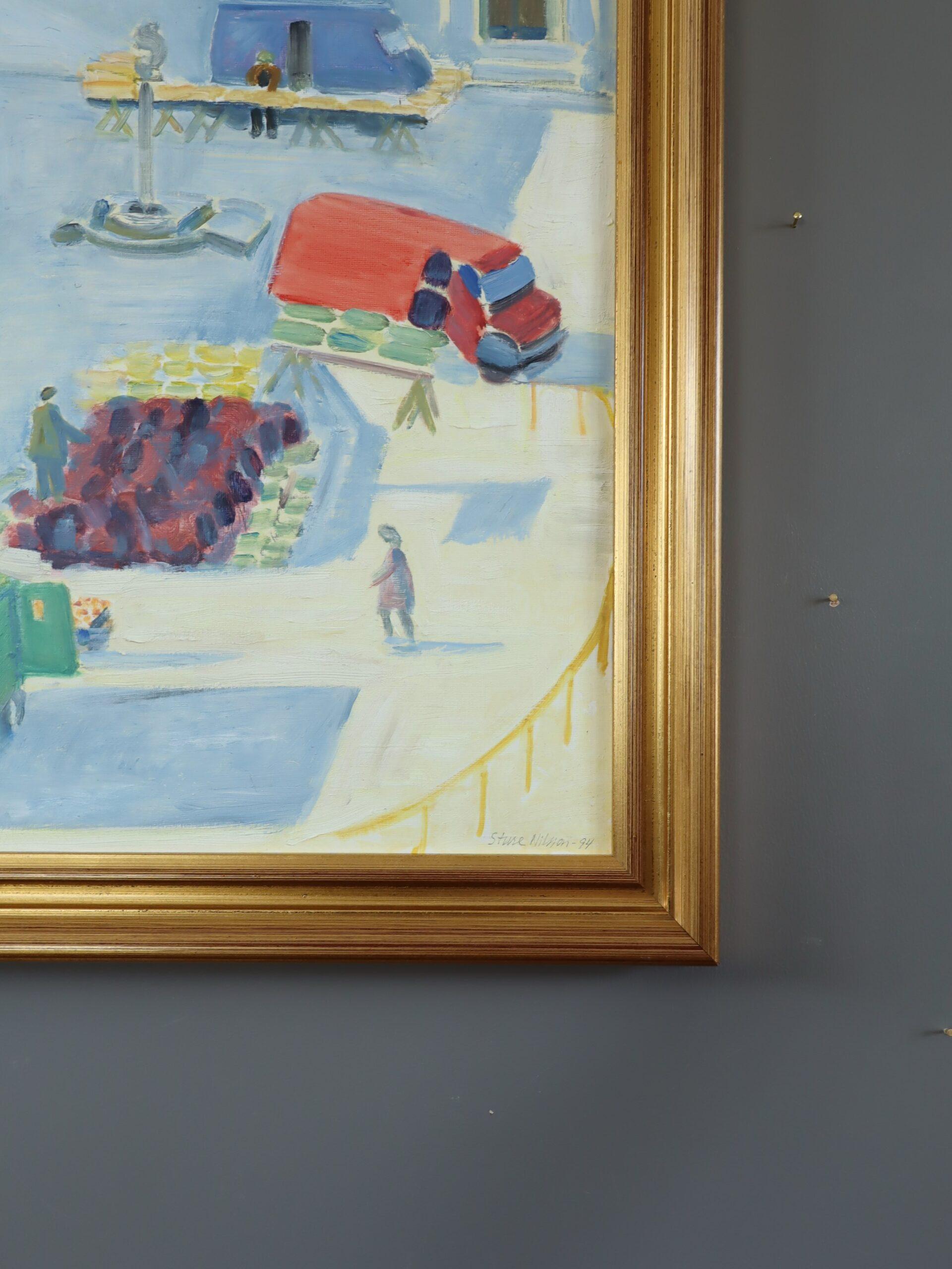 1994 Modernist Swedish Street Scene Landscape Oil Painting - The Bustling Market (Le marché animé) en vente 4