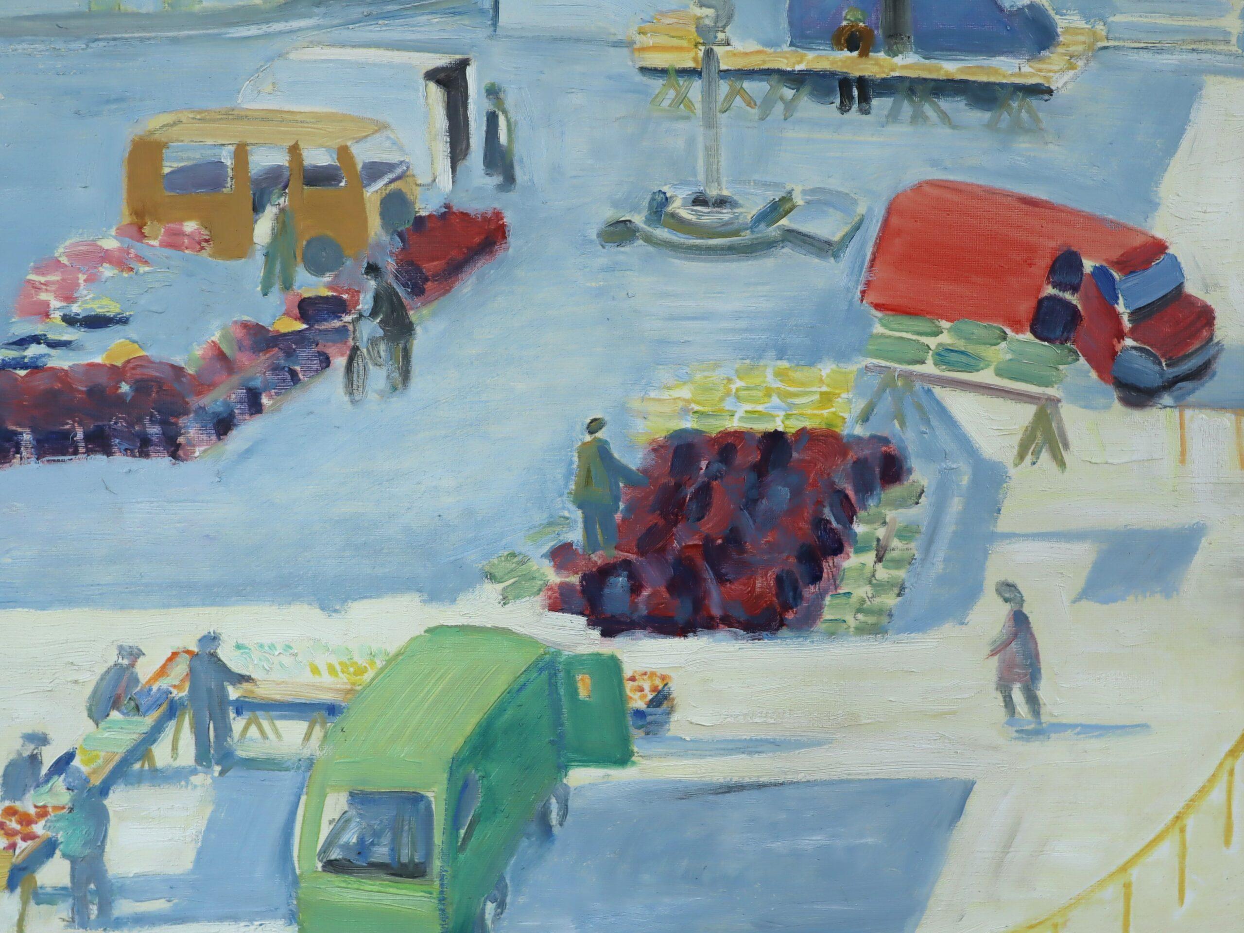 1994 Modernist Swedish Street Scene Landscape Oil Painting - The Bustling Market (Le marché animé) en vente 5