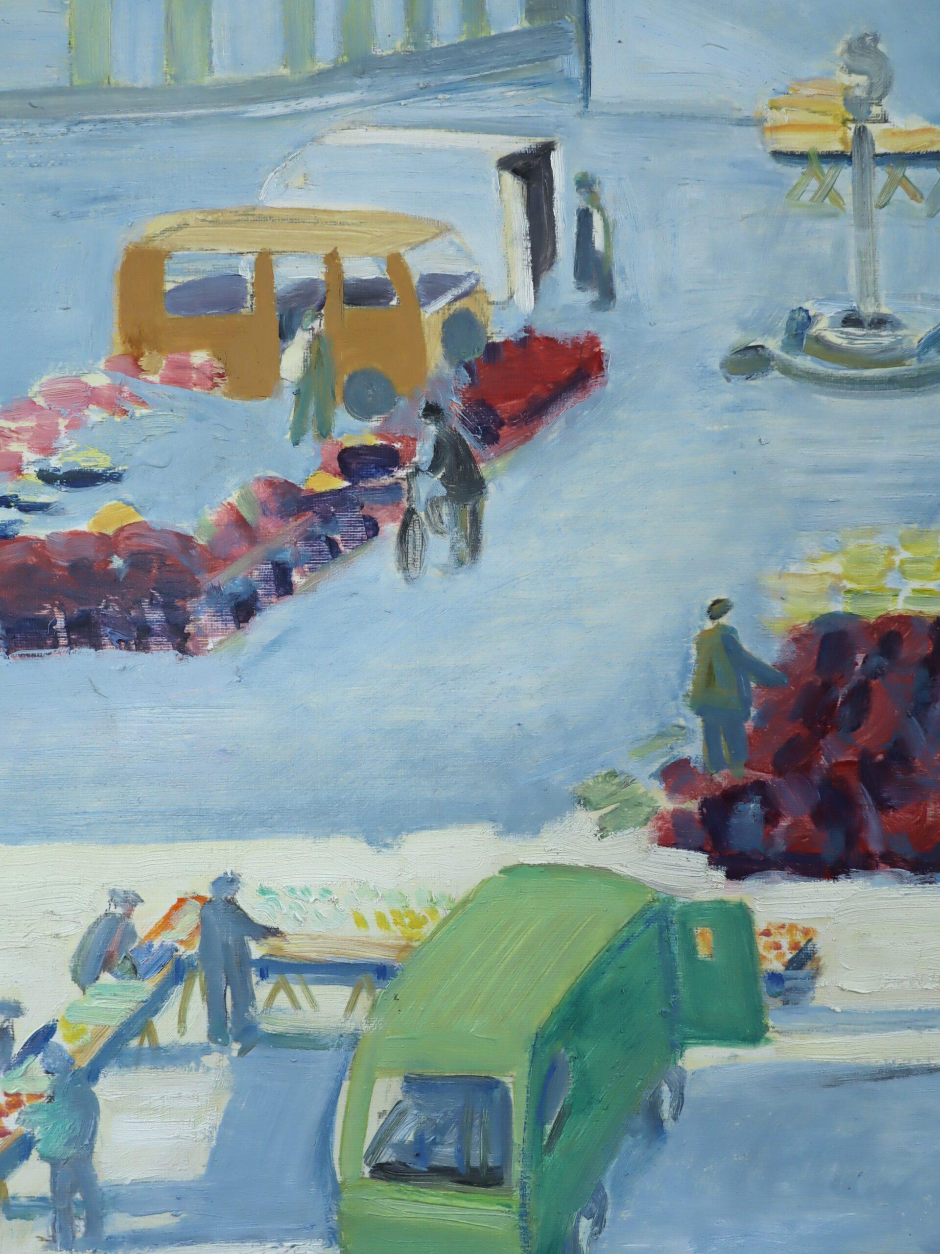 1994 Modernist Swedish Street Scene Landscape Oil Painting - The Bustling Market (Le marché animé) en vente 6
