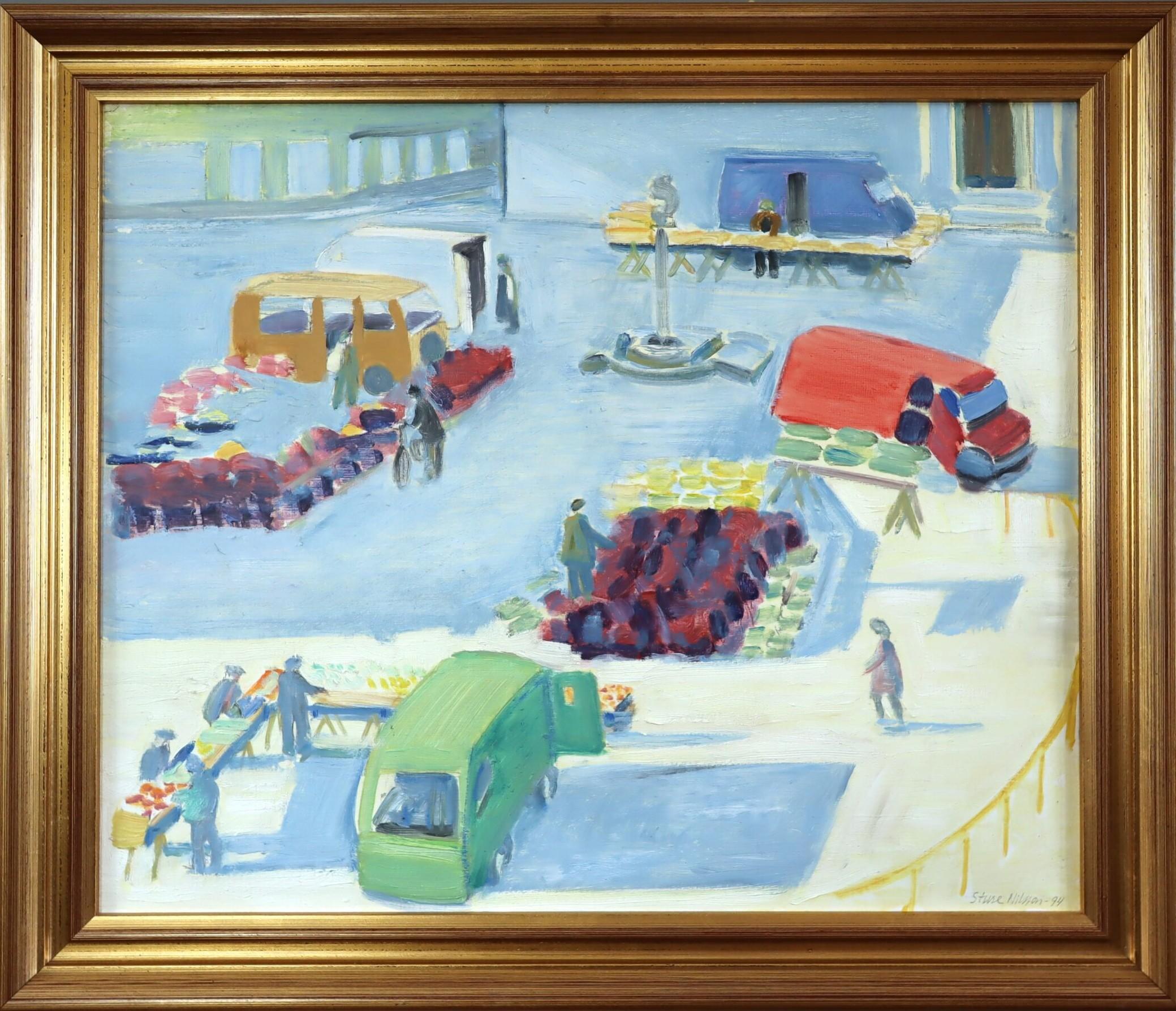 Landscape Painting Unknown - 1994 Modernist Swedish Street Scene Landscape Oil Painting - The Bustling Market (Le marché animé)