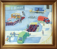 1994 Modernistische schwedische Straßenszene Landschaft Ölgemälde - The Bustling Market