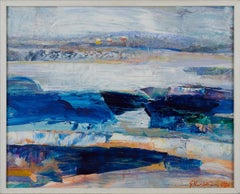 1995 Modernist Abstract Landscape Framed Swedish Oil Painting - Winter Blue