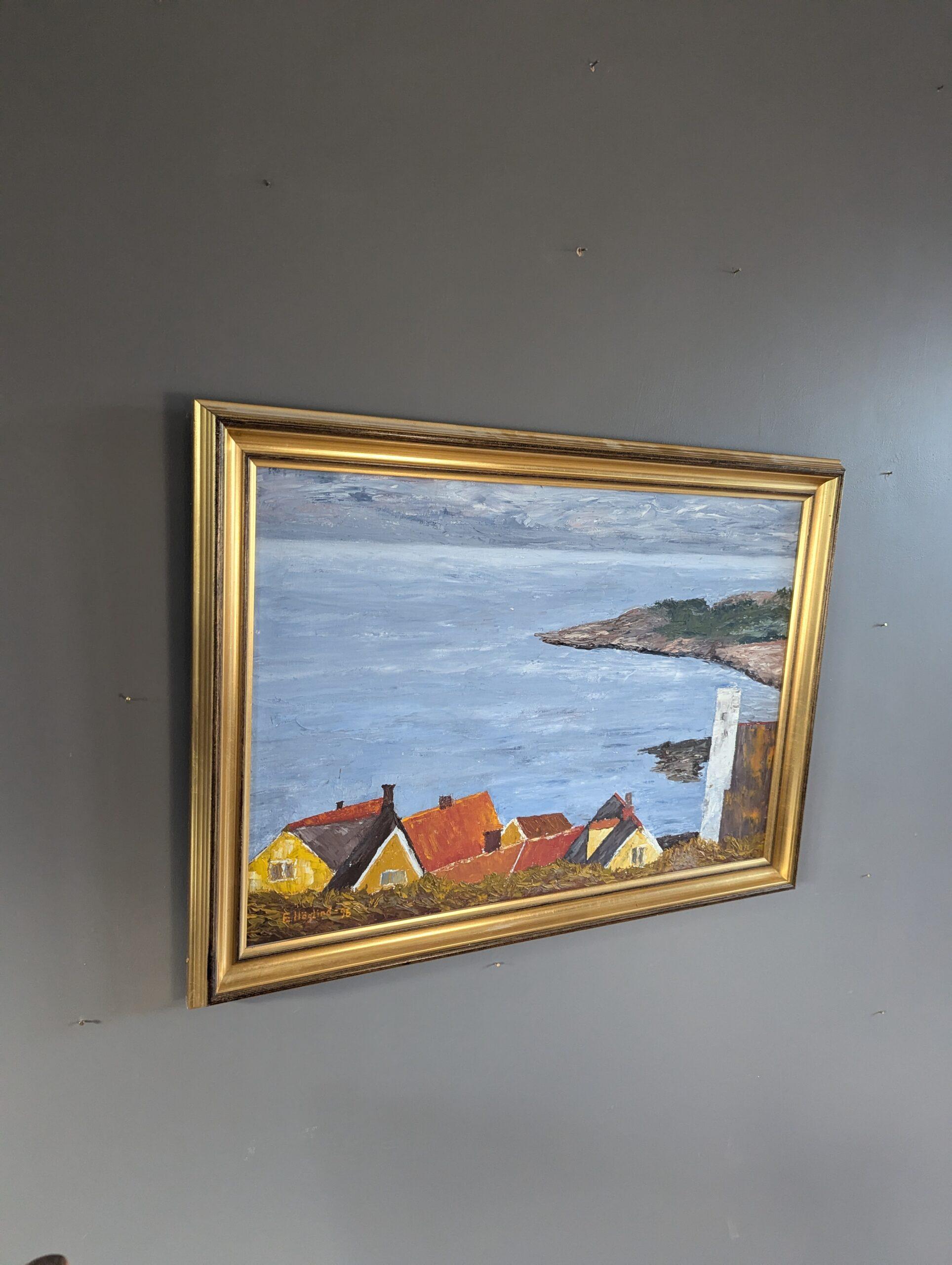 1996 Paesaggio costiero svedese modernista dipinto a olio - Tranquillità costiera - Landscape Painting Grigio di Unknown