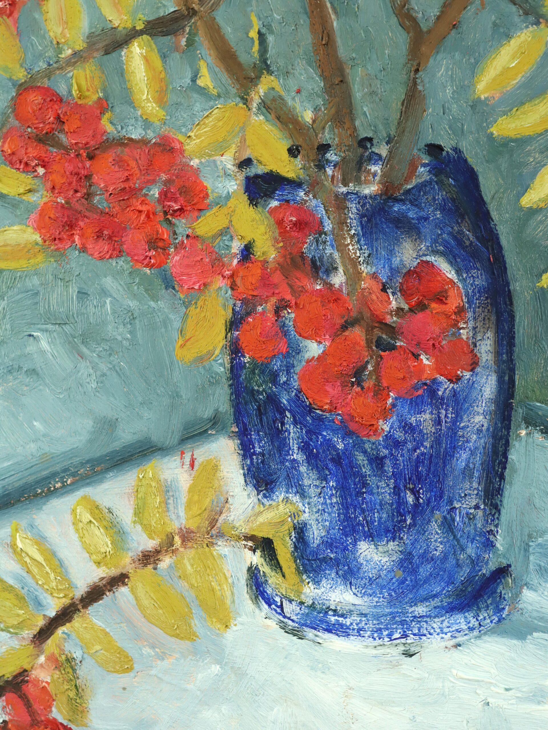 1996 Original Swedish Expressive Still Life Oil Painting - Red Rowan Berries For Sale 7