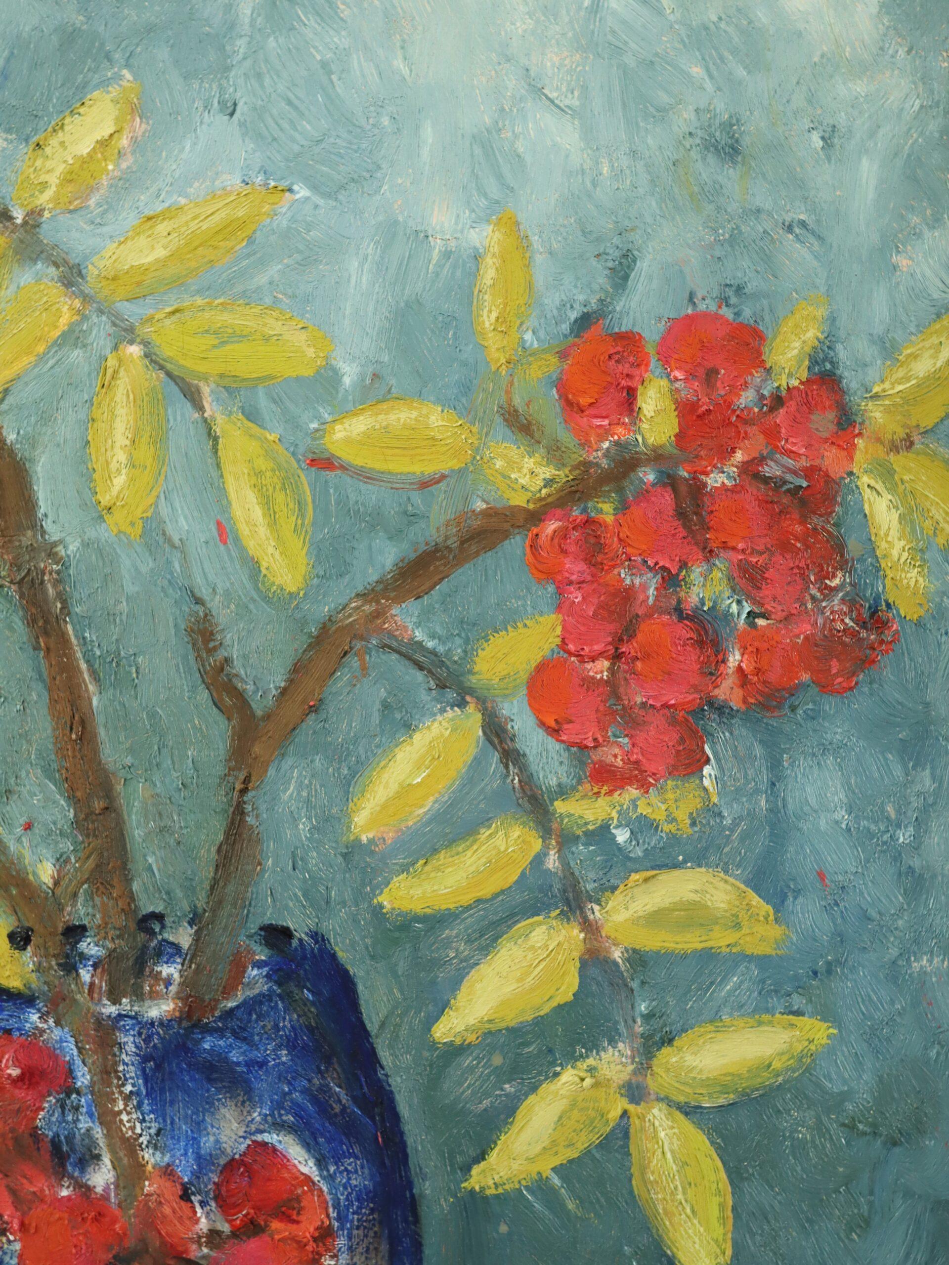 1996 Original Swedish Expressive Still Life Oil Painting - Red Rowan Berries For Sale 8