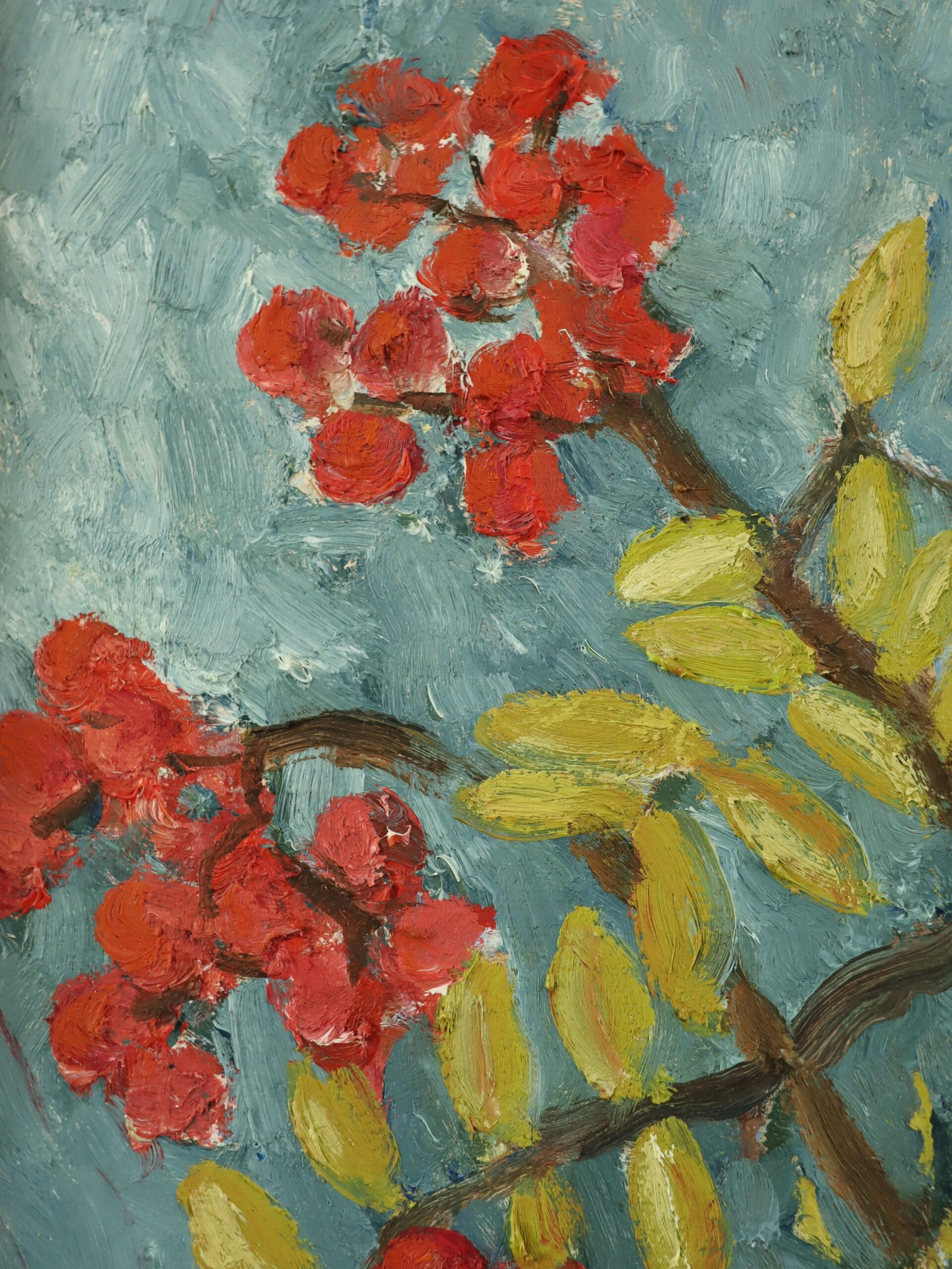 1996 Original Swedish Expressive Still Life Oil Painting - Red Rowan Berries For Sale 9
