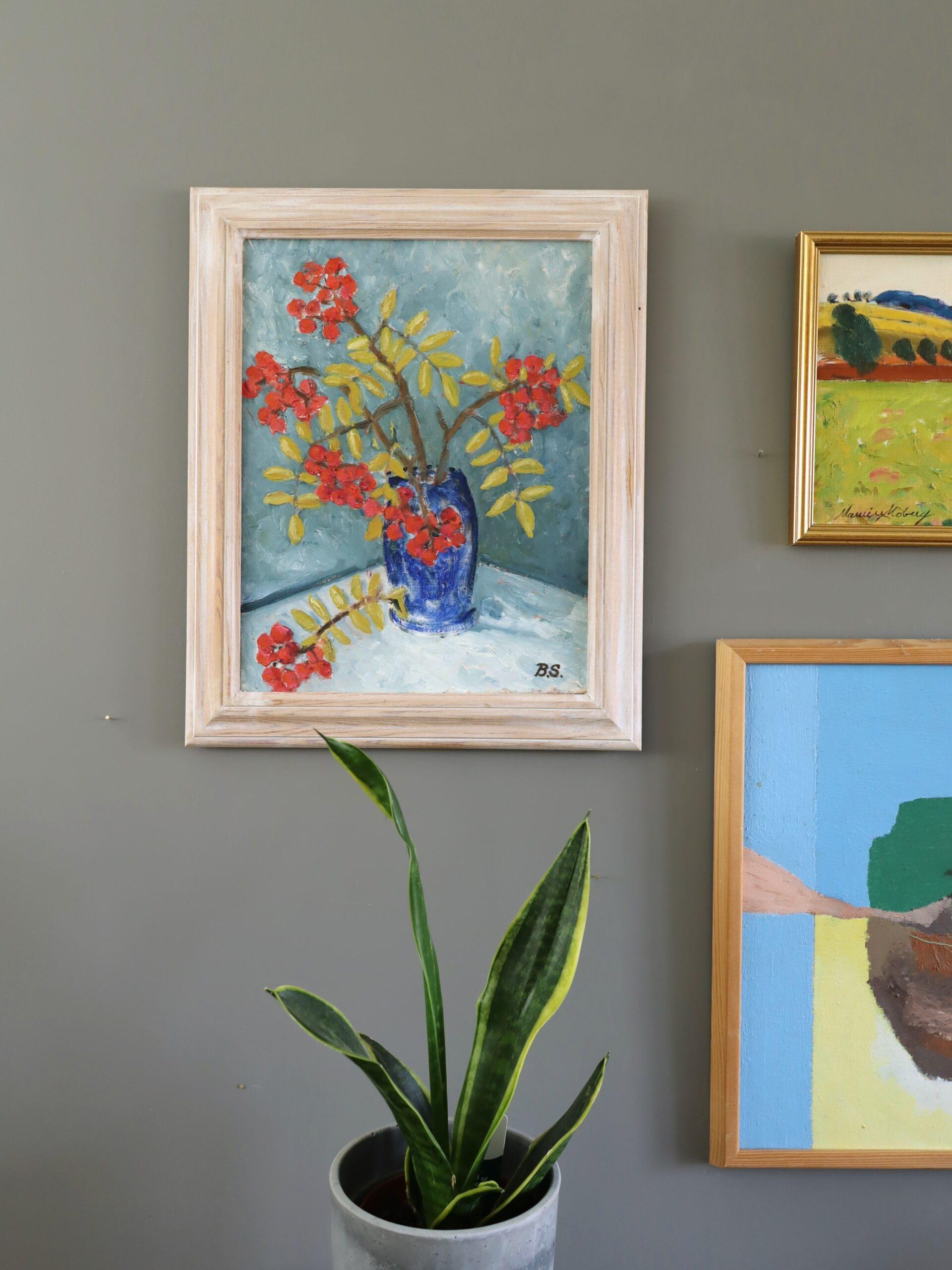 1996 Original Swedish Expressive Still Life Oil Painting - Red Rowan Berries For Sale 1