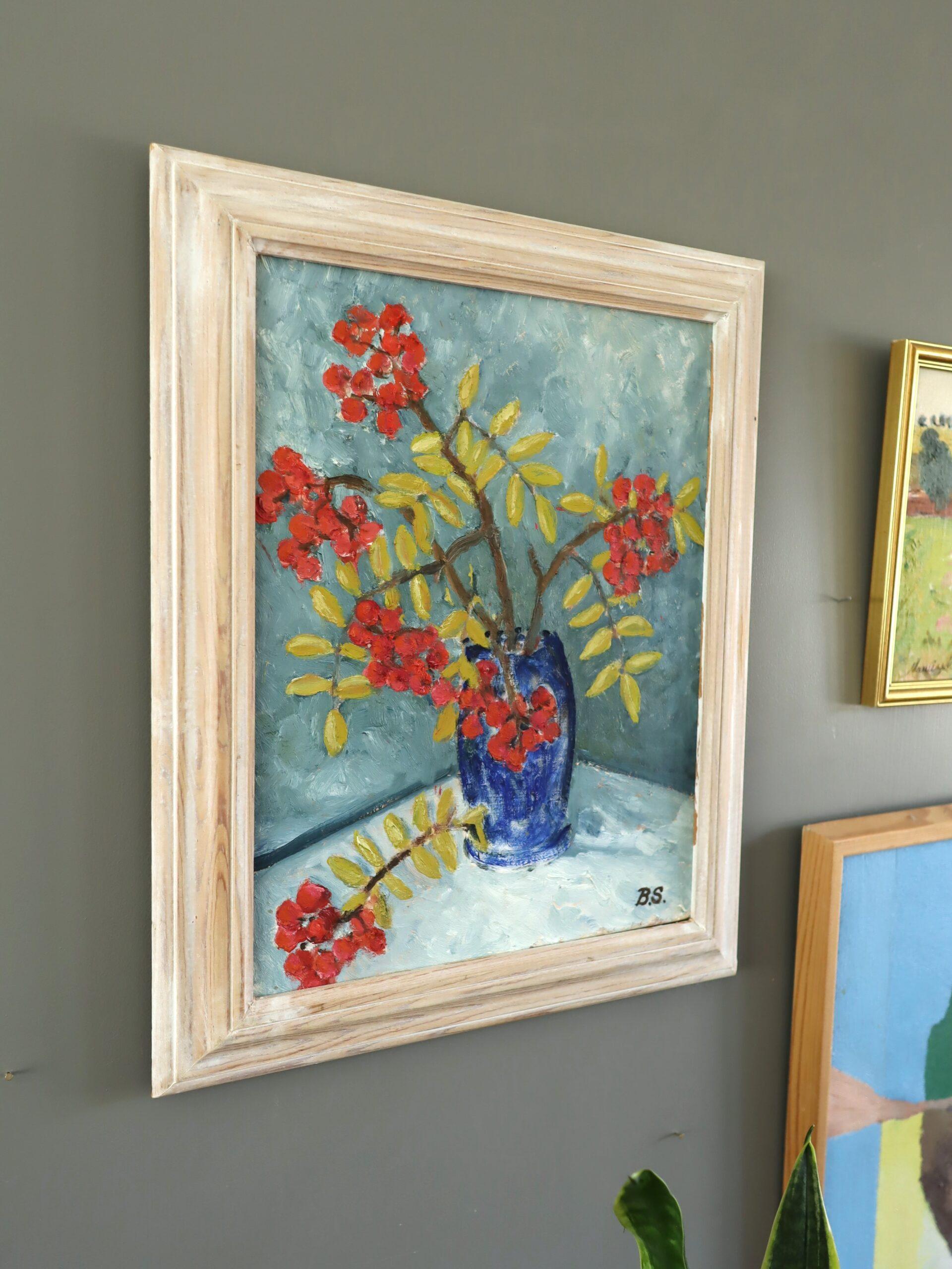 1996 Original Swedish Expressive Still Life Oil Painting - Red Rowan Berries For Sale 2