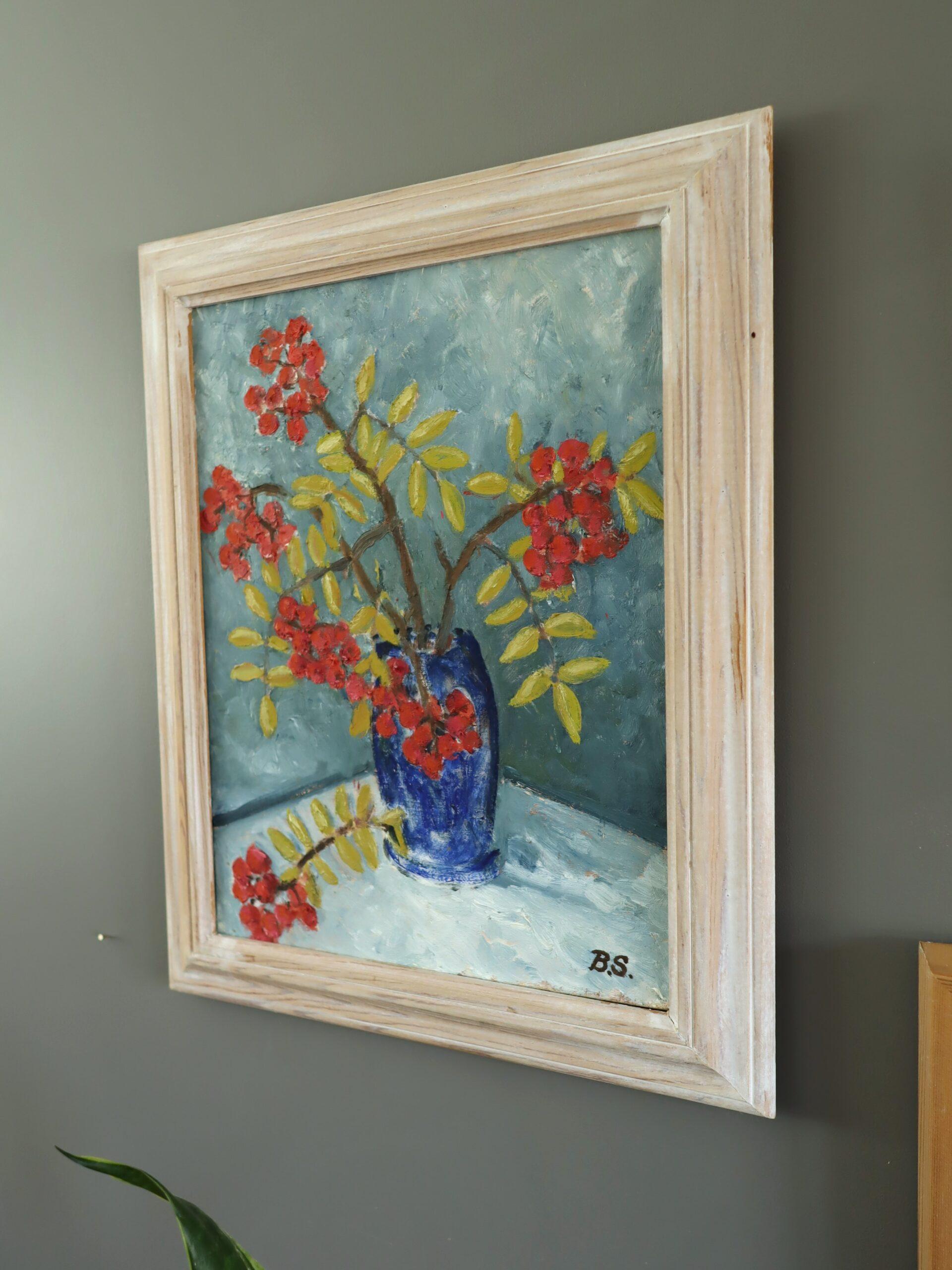 1996 Original Swedish Expressive Still Life Oil Painting - Red Rowan Berries For Sale 3