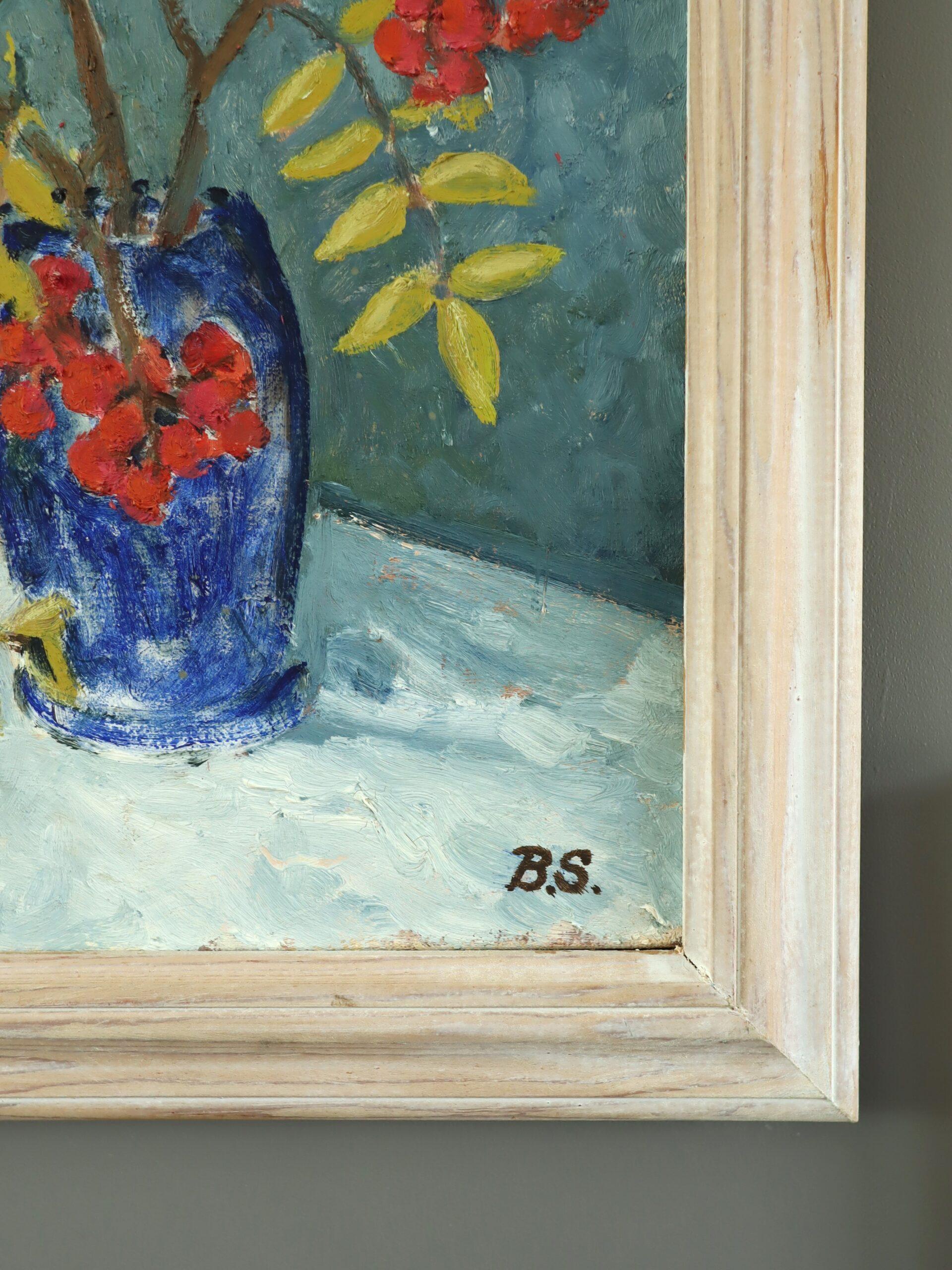 1996 Original Swedish Expressive Still Life Oil Painting - Red Rowan Berries For Sale 5