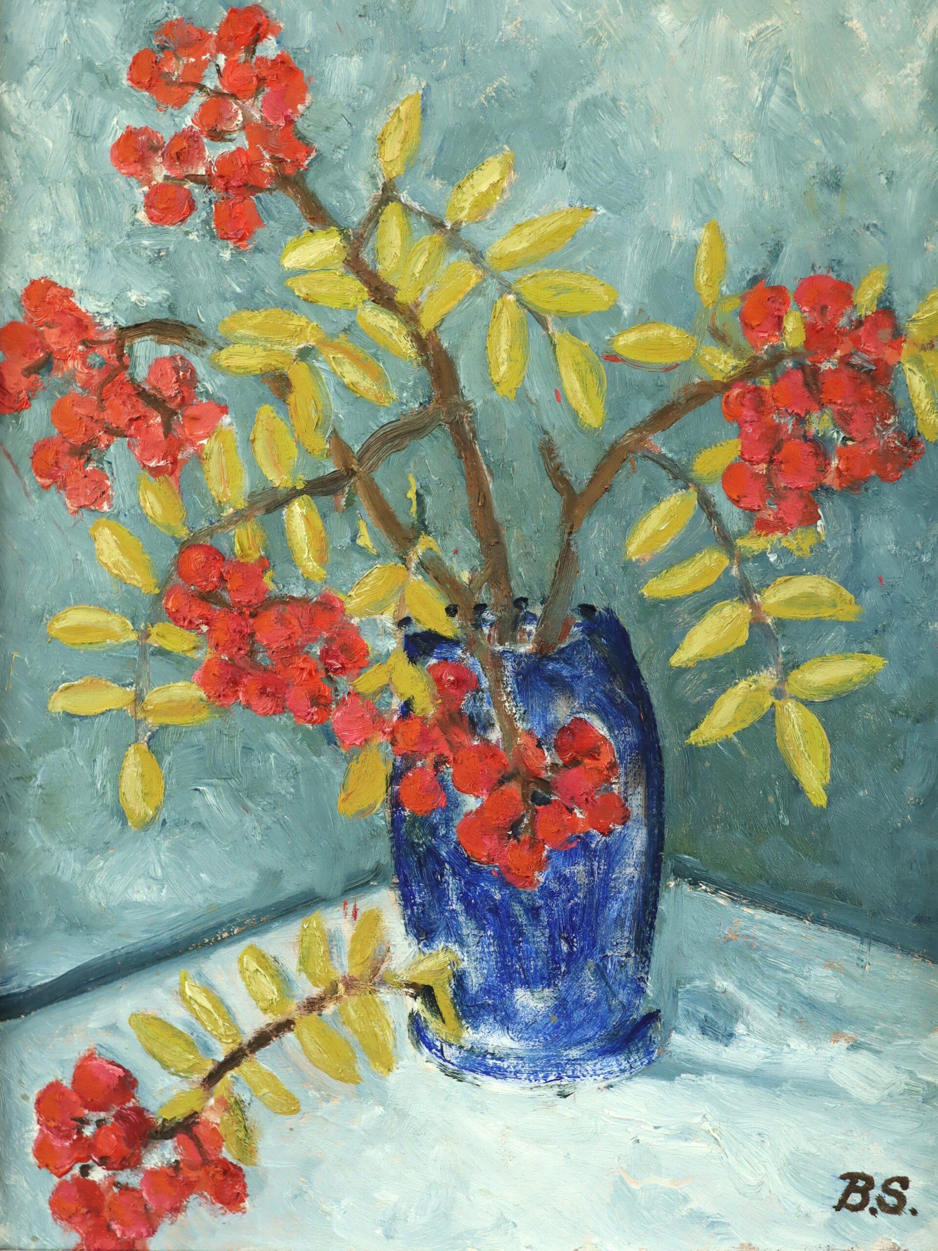 1996 Original Swedish Expressive Still Life Oil Painting - Red Rowan Berries For Sale 6