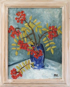 1996 Original Swedish Expressive Still Life Oil Painting - Red Rowan Berries