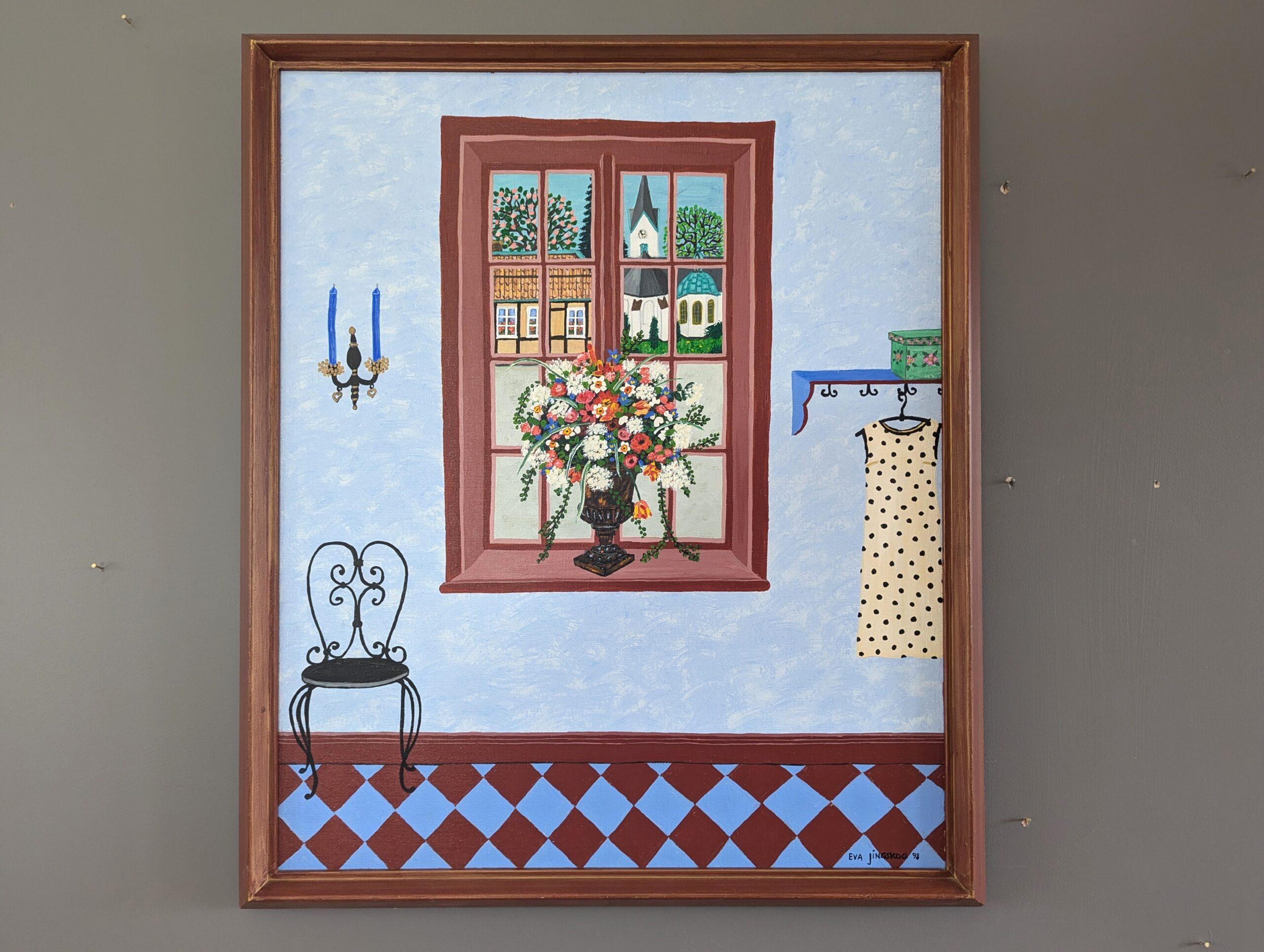 1998 Modernes Original Stillleben im naiven Stil Ölgemälde - Malerisches Interieur – Painting von Unknown