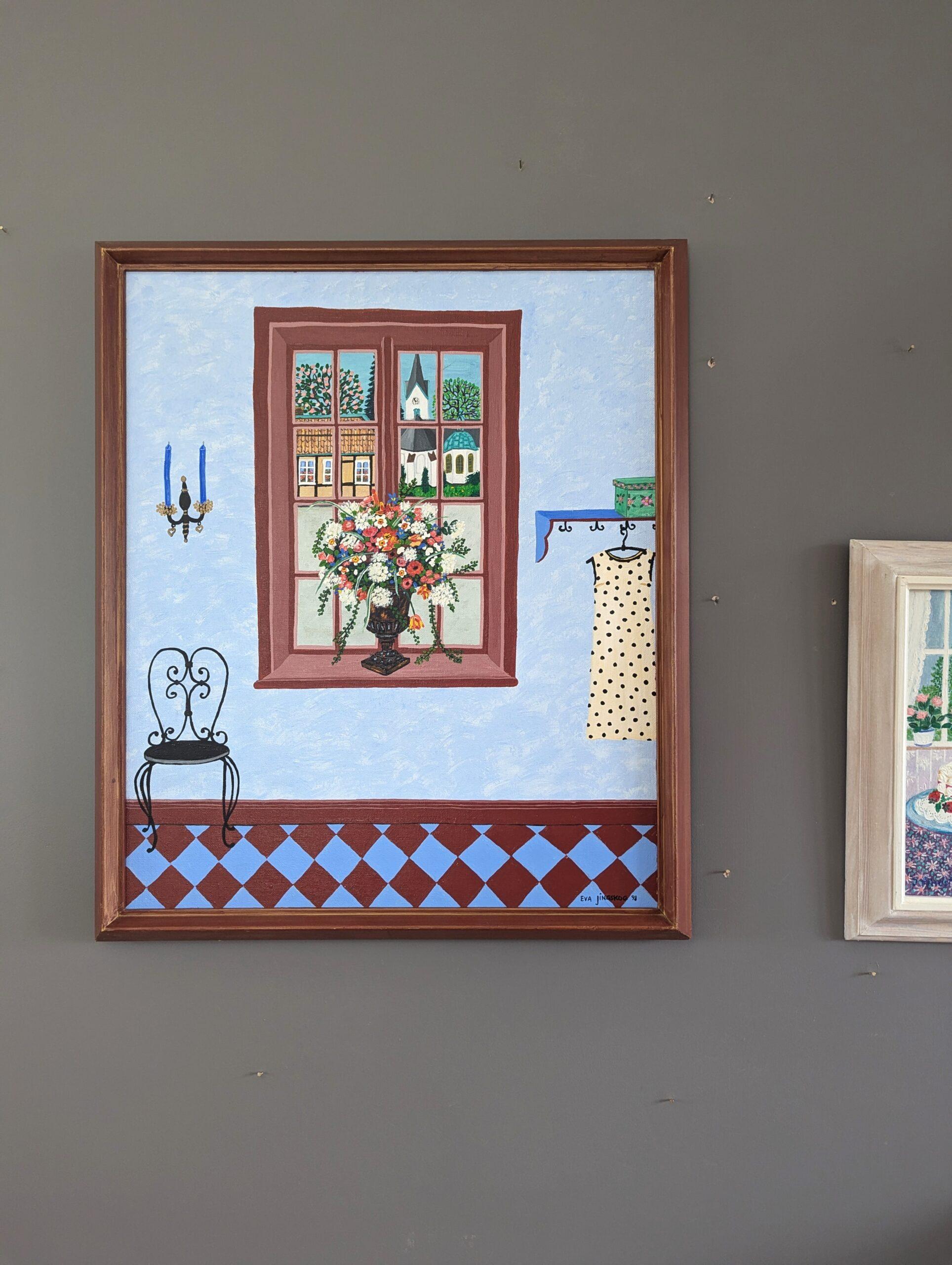 1998 Modernes Original Stillleben im naiven Stil Ölgemälde - Malerisches Interieur (Grau), Still-Life Painting, von Unknown