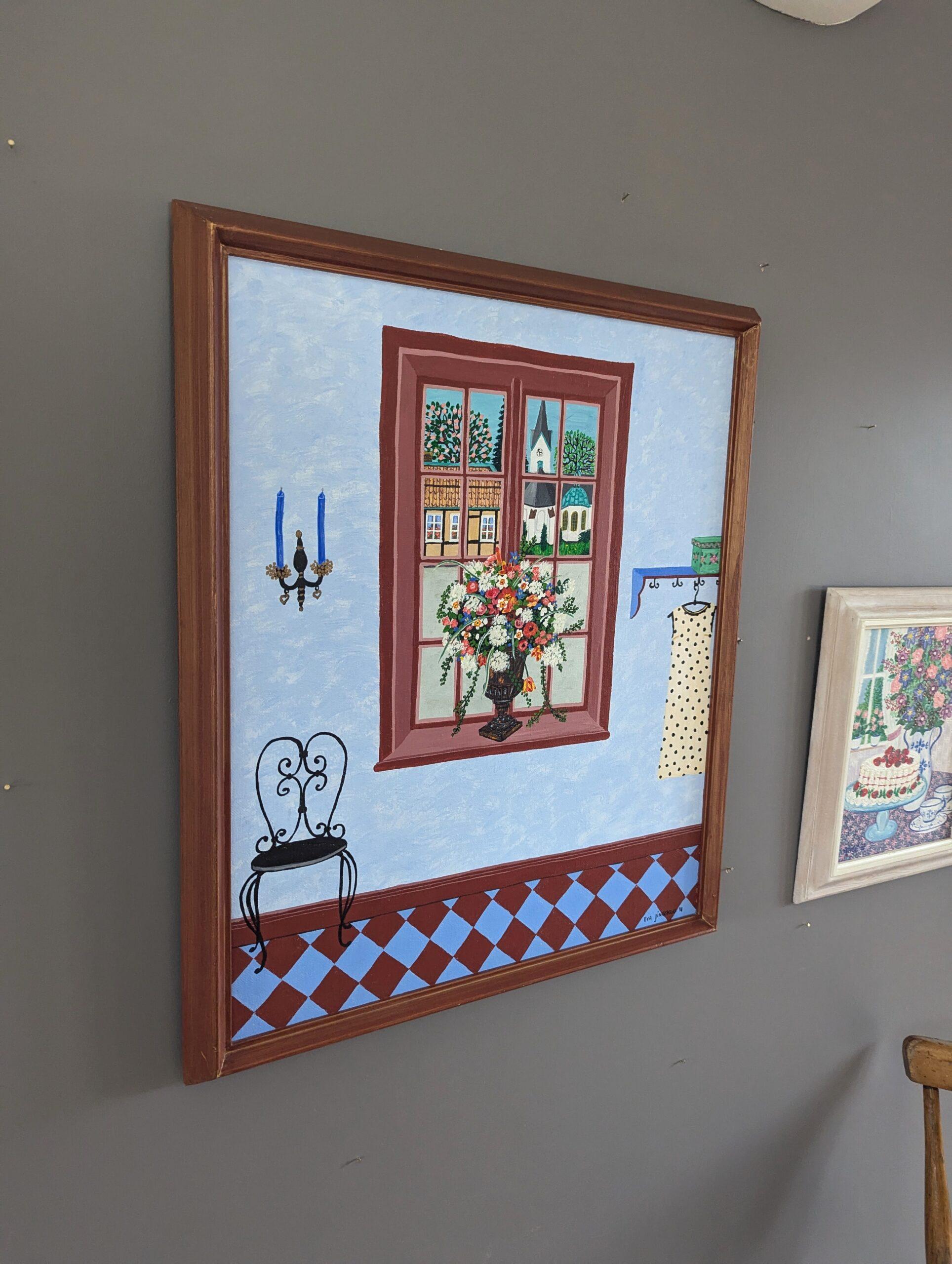 MALERISCHES INTERIEUR
Größe: 60 x 51 cm (einschließlich Rahmen)
Öl auf Leinwand

Eine charmante und intime Innenraumkomposition aus dem Jahr 1998, gemalt in einem naiven Stil, ausgeführt in Öl auf Leinwand.

Das Gemälde bietet einen reizvollen