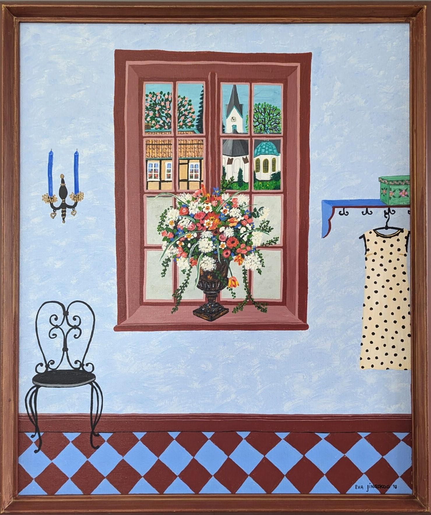 1998 Pintura al óleo original moderna de bodegón de estilo naïve - Interior pintoresco