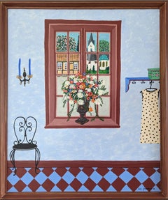 1998 Pittura ad olio moderna originale in stile naïf - Interno tranquillo