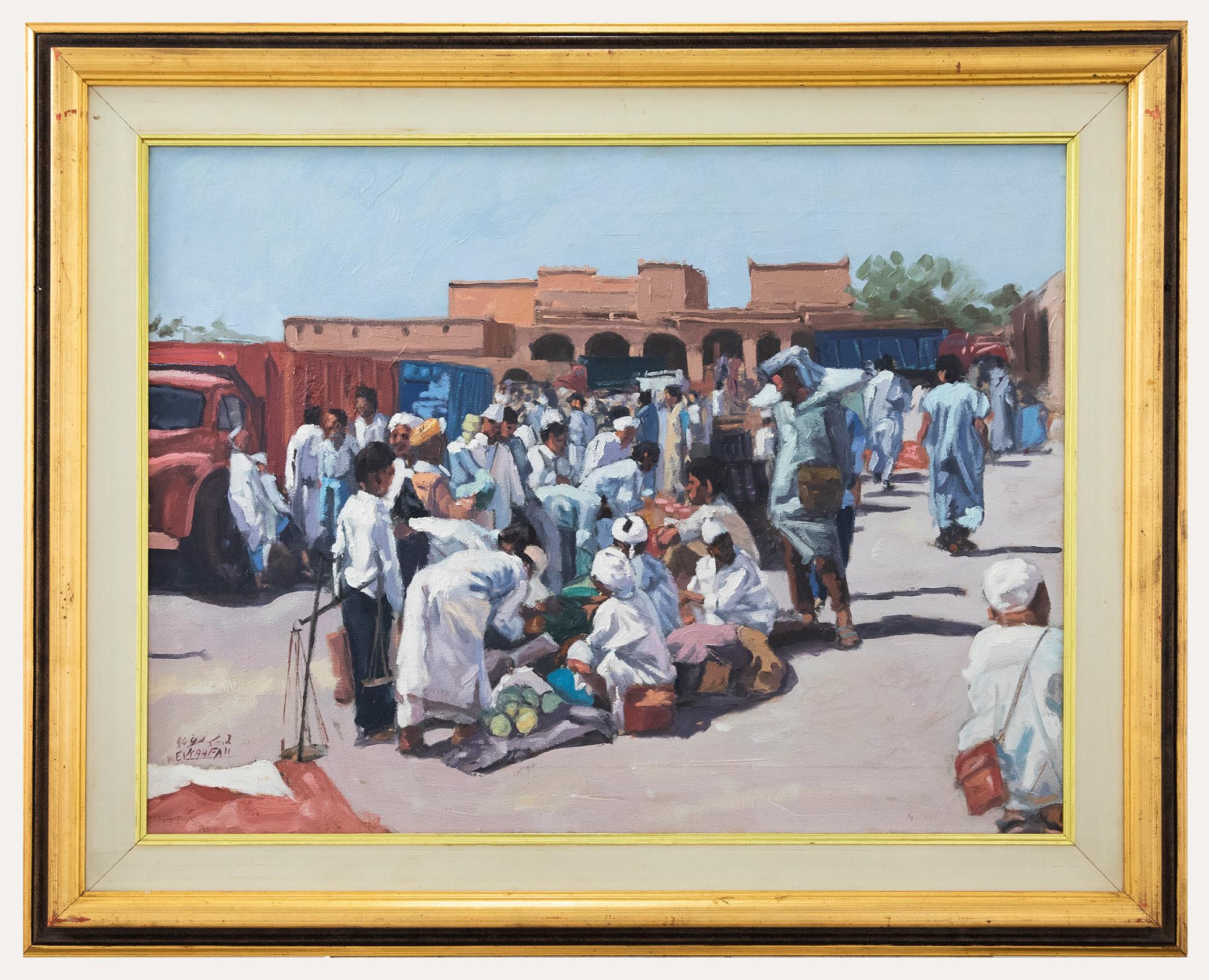 Unknown Figurative Painting - 1998 Oil - Marrakesh Market
