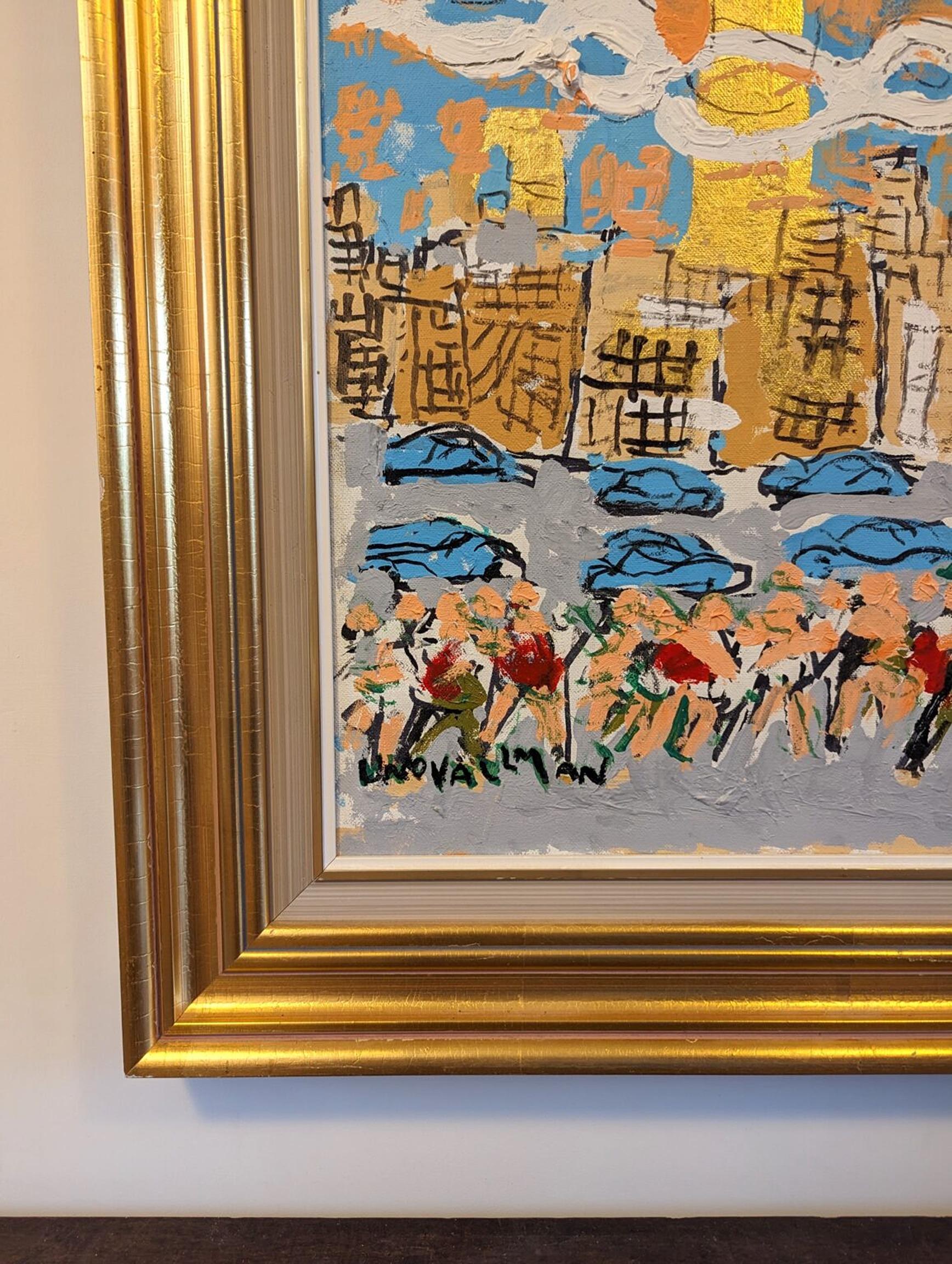 1998 Vintage Swedish Framed Cityscape Oil Painting by Uno Vallman - City Tour For Sale 9