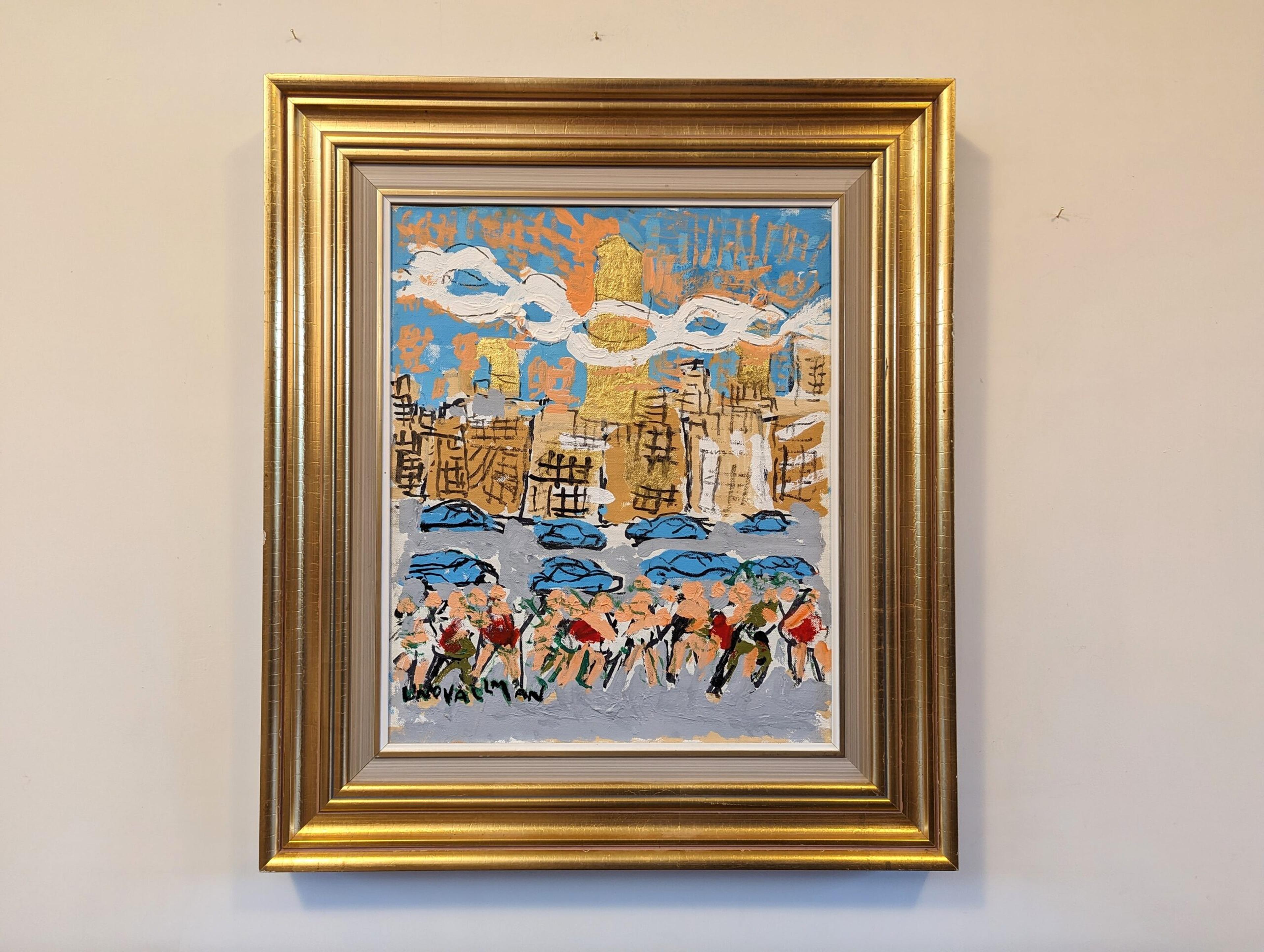 CITY TOUR
Size: 64.5 x 56 cm (including frame)
Oil on Canvas

A lively and energetic city street scene composition, executed in oil onto canvas and dated 1998 by Swedish artist Uno Vallman (1913-2004) whose works are included in the Swedish National