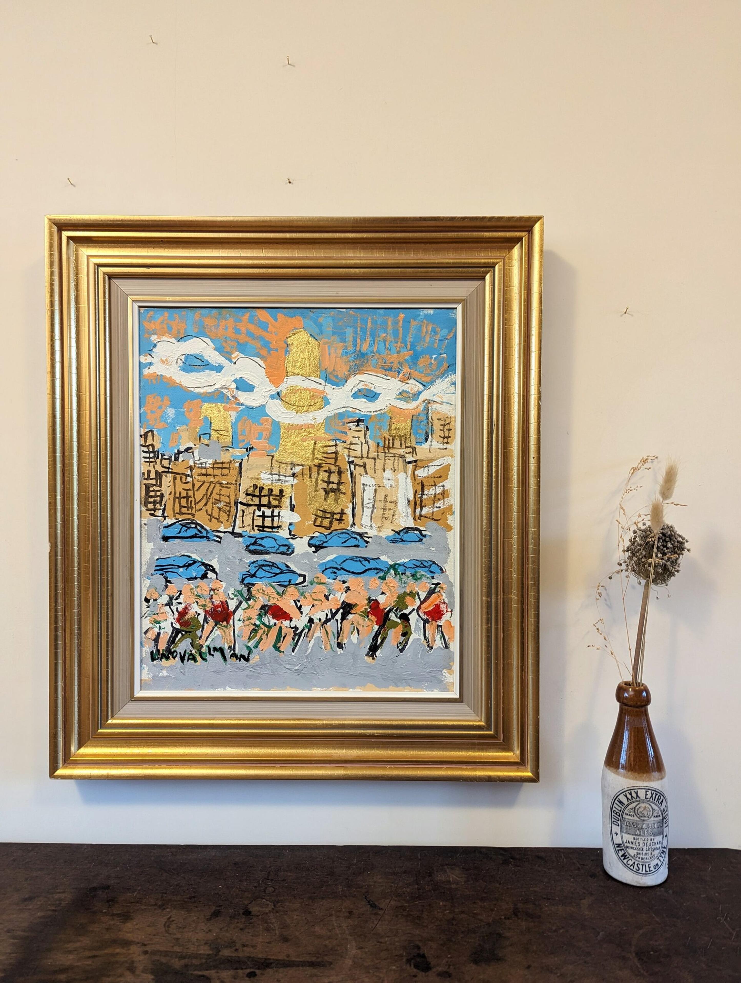 1998 Vintage Swedish Framed Cityscape Oil Painting by Uno Vallman - City Tour For Sale 3