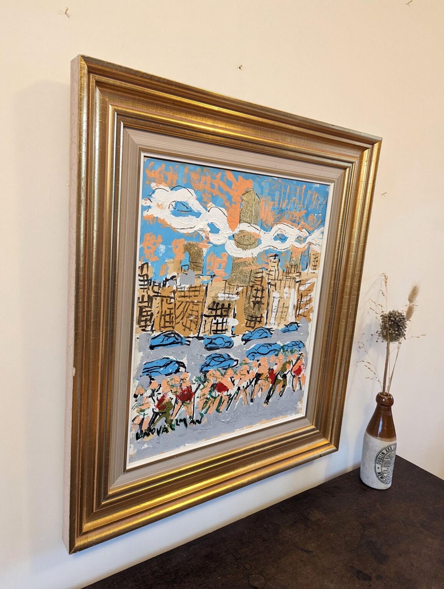 1998 Vintage Swedish Framed Cityscape Oil Painting by Uno Vallman - City Tour For Sale 4