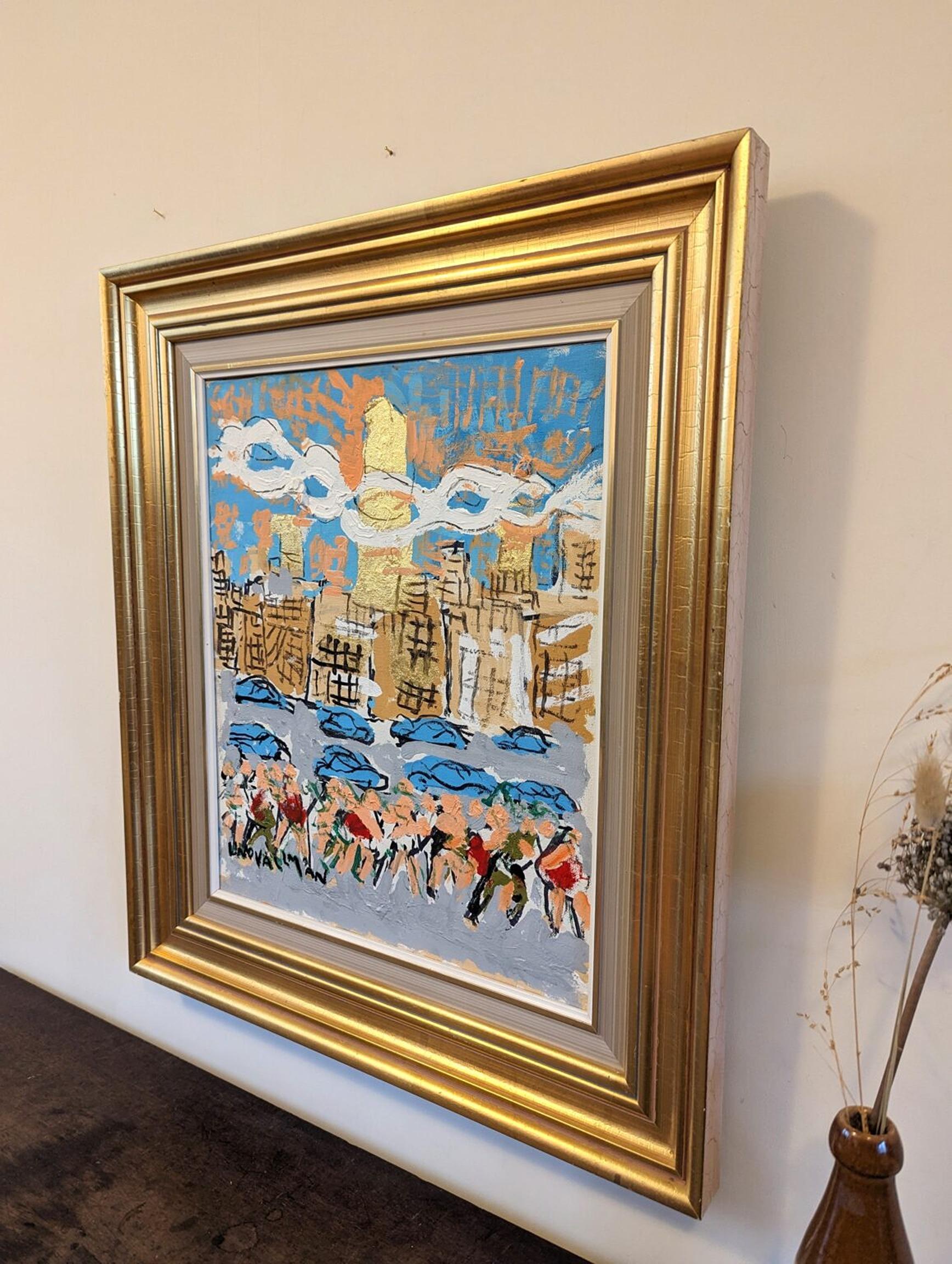 1998 Vintage Swedish Framed Cityscape Oil Painting by Uno Vallman - City Tour For Sale 5