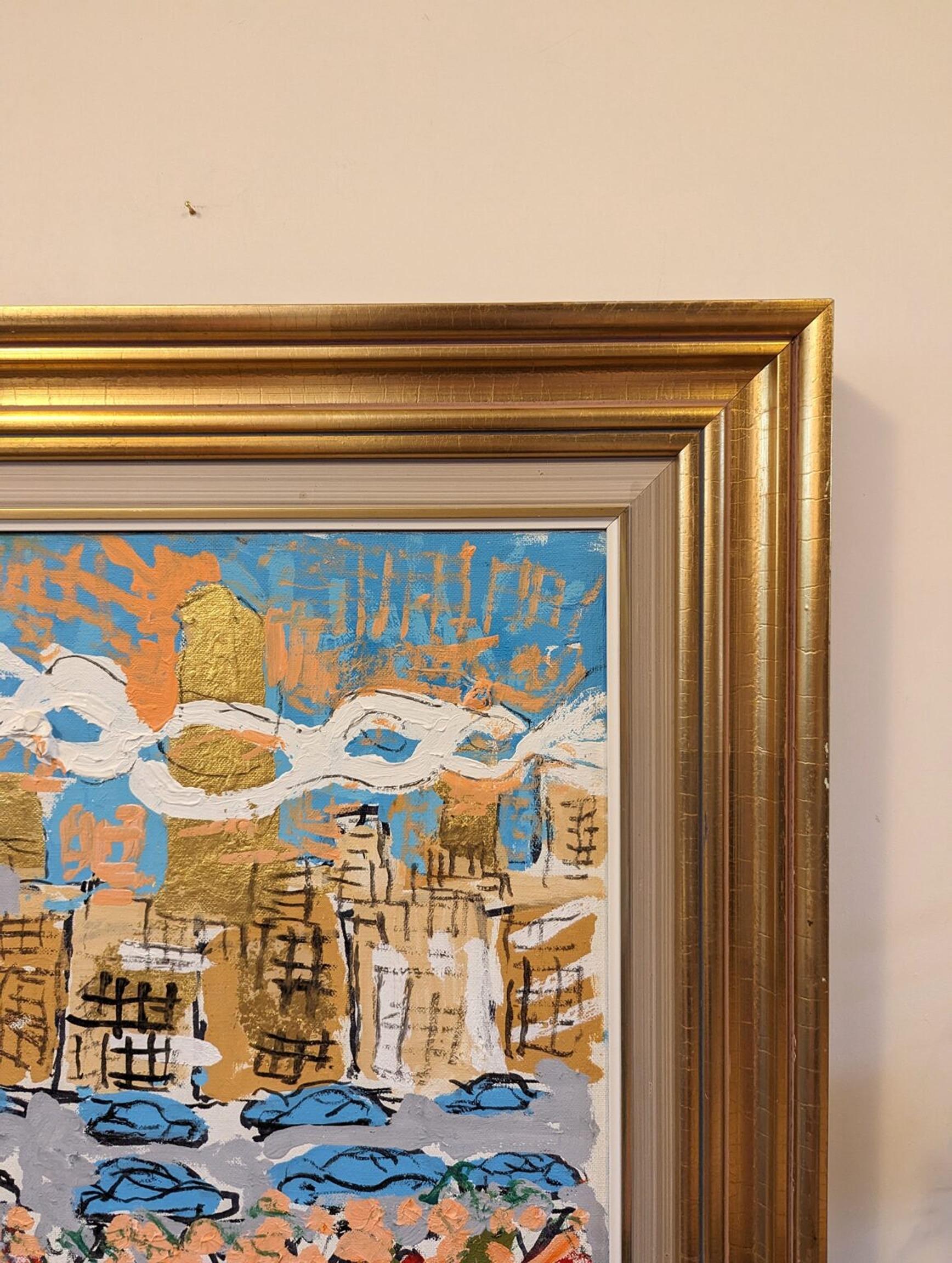 1998 Vintage Swedish Framed Cityscape Oil Painting by Uno Vallman - City Tour For Sale 7