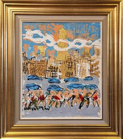1998 Vintage Swedish Framed Cityscape Oil Painting by Uno Vallman - City Tour