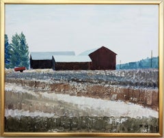 1999 Modernist Swedish Framed Landscape Oil Painting - Frosted Fields