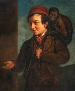 19h century Italian figure painting - Boy with Ape - Oil on canvas Italy