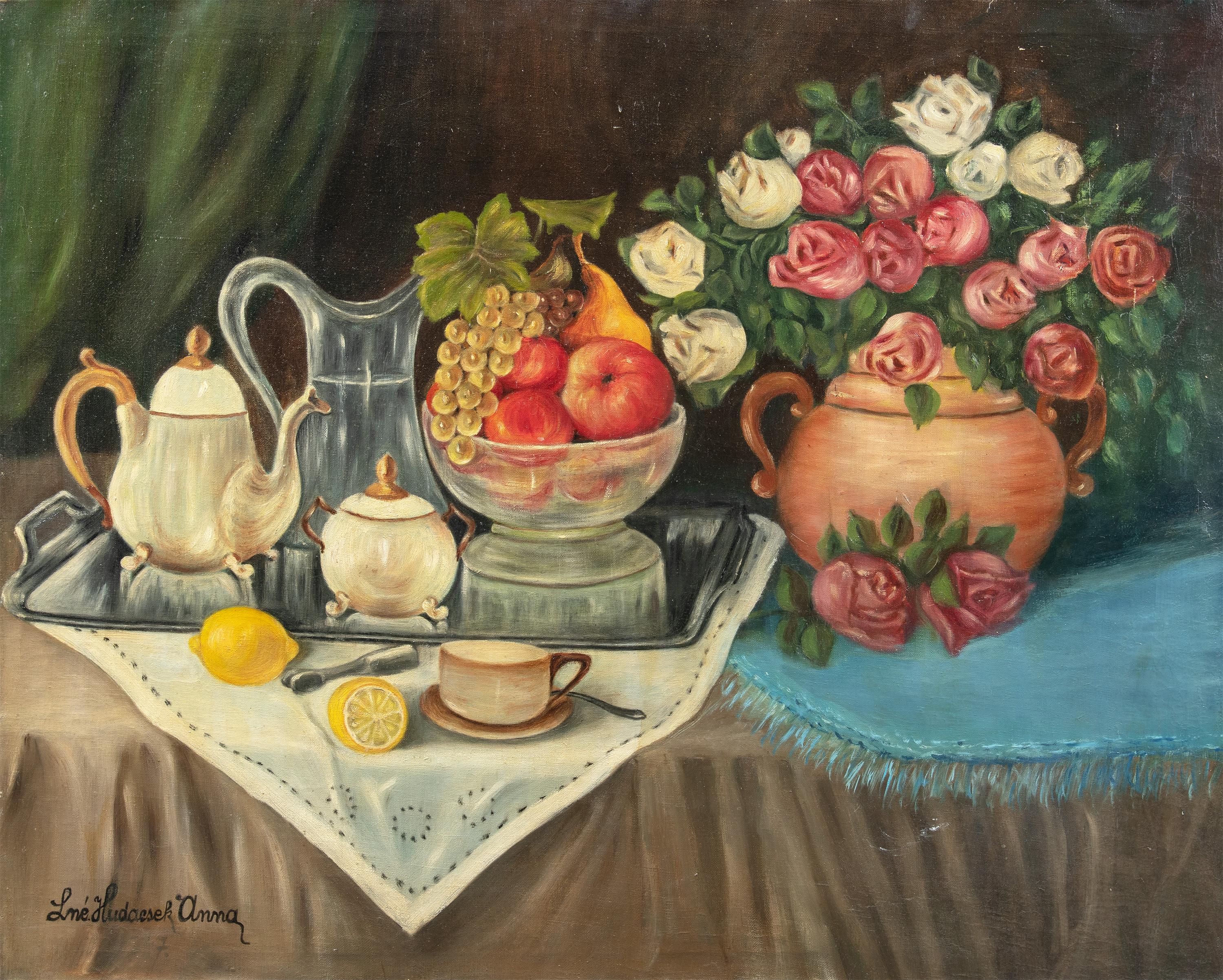 Unknown Still-Life Painting - Naturalistic European painter - 20th century still life painting - Flowers Fruit