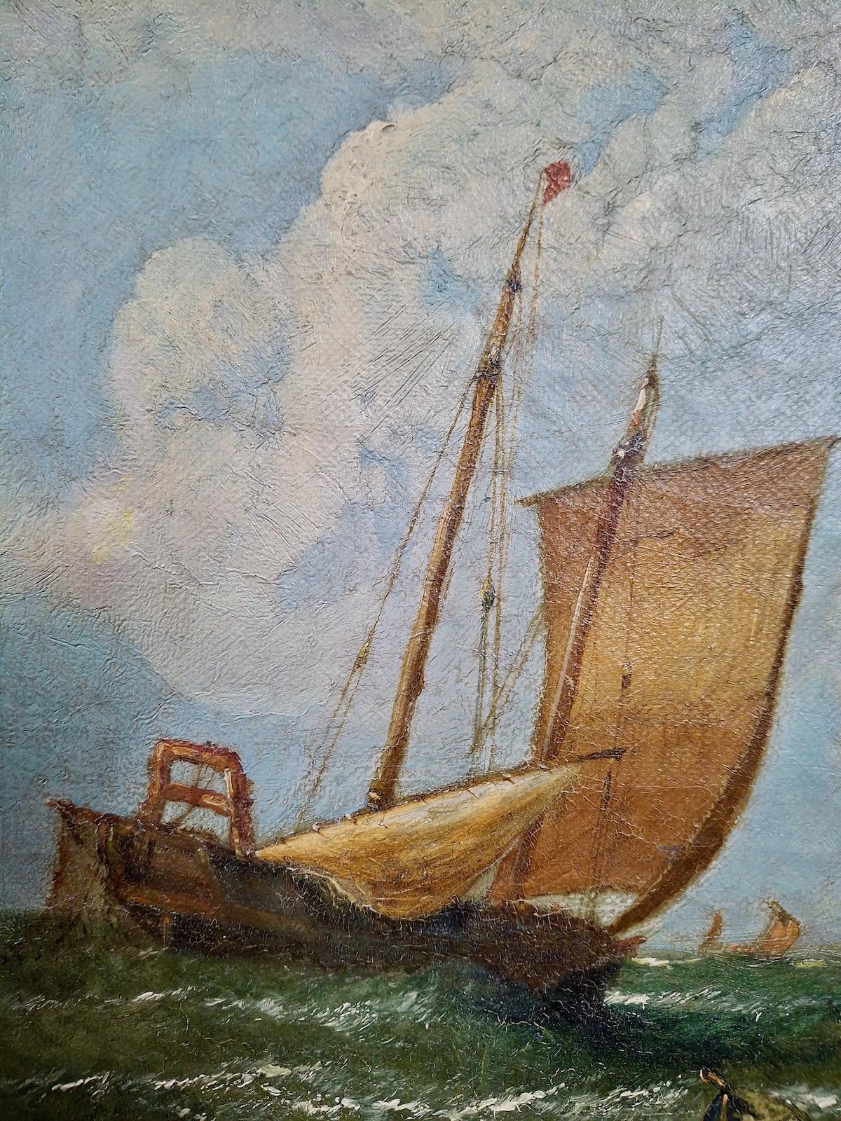 19th-c. French Fishing Boats off Calais - Impressionist Painting by Unknown